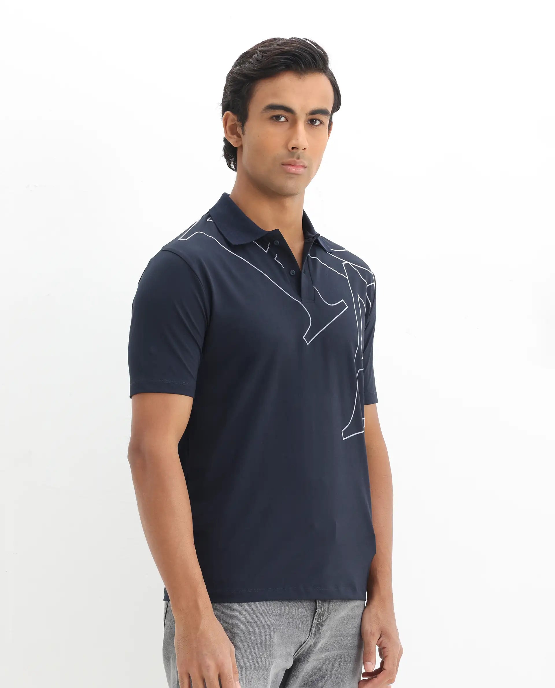 Rare Rabbit Men's Zapos Navy Cotton Graphic Print Regular Fit Half Sleeve Polo