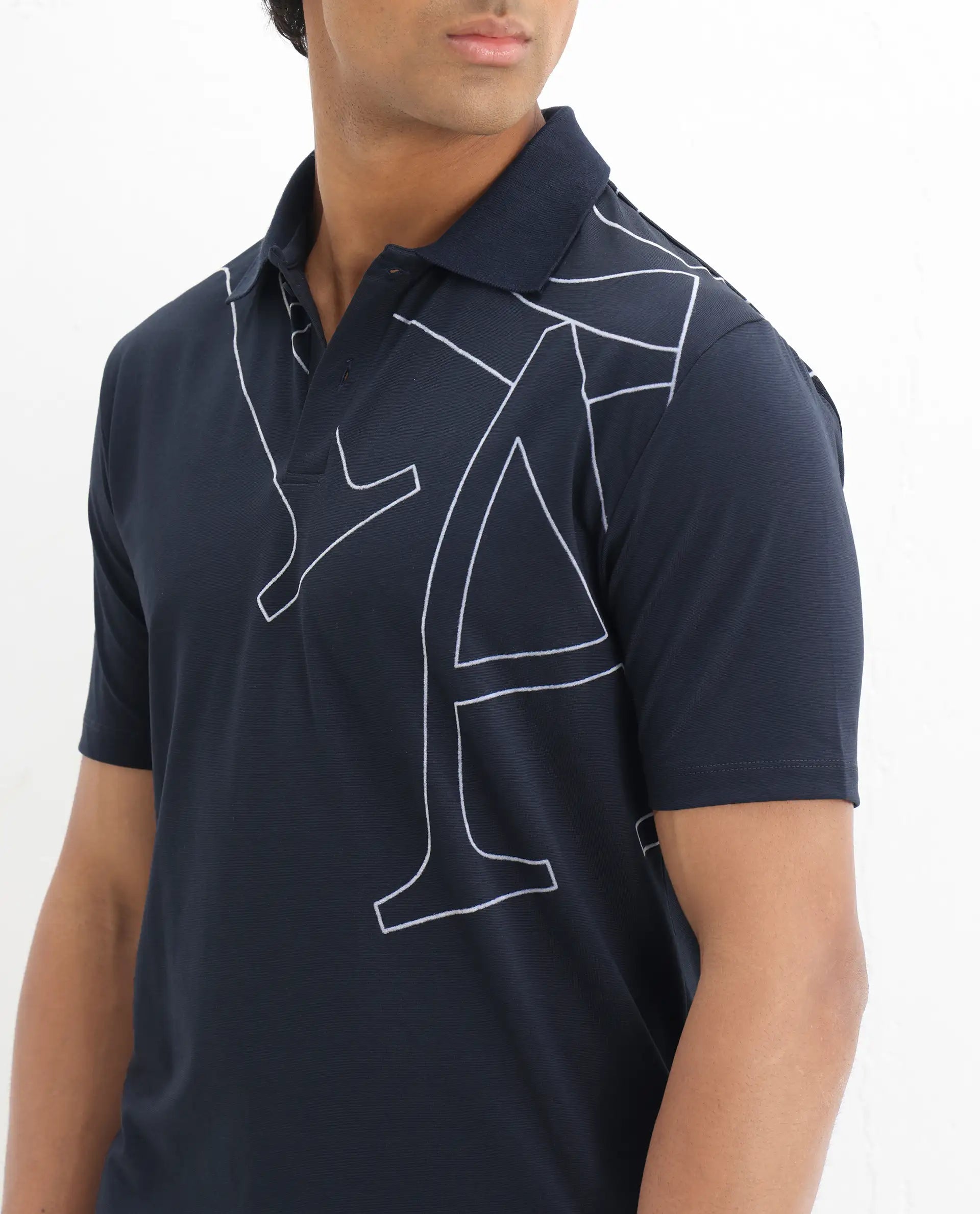 Rare Rabbit Men's Zapos Navy Cotton Graphic Print Regular Fit Half Sleeve Polo