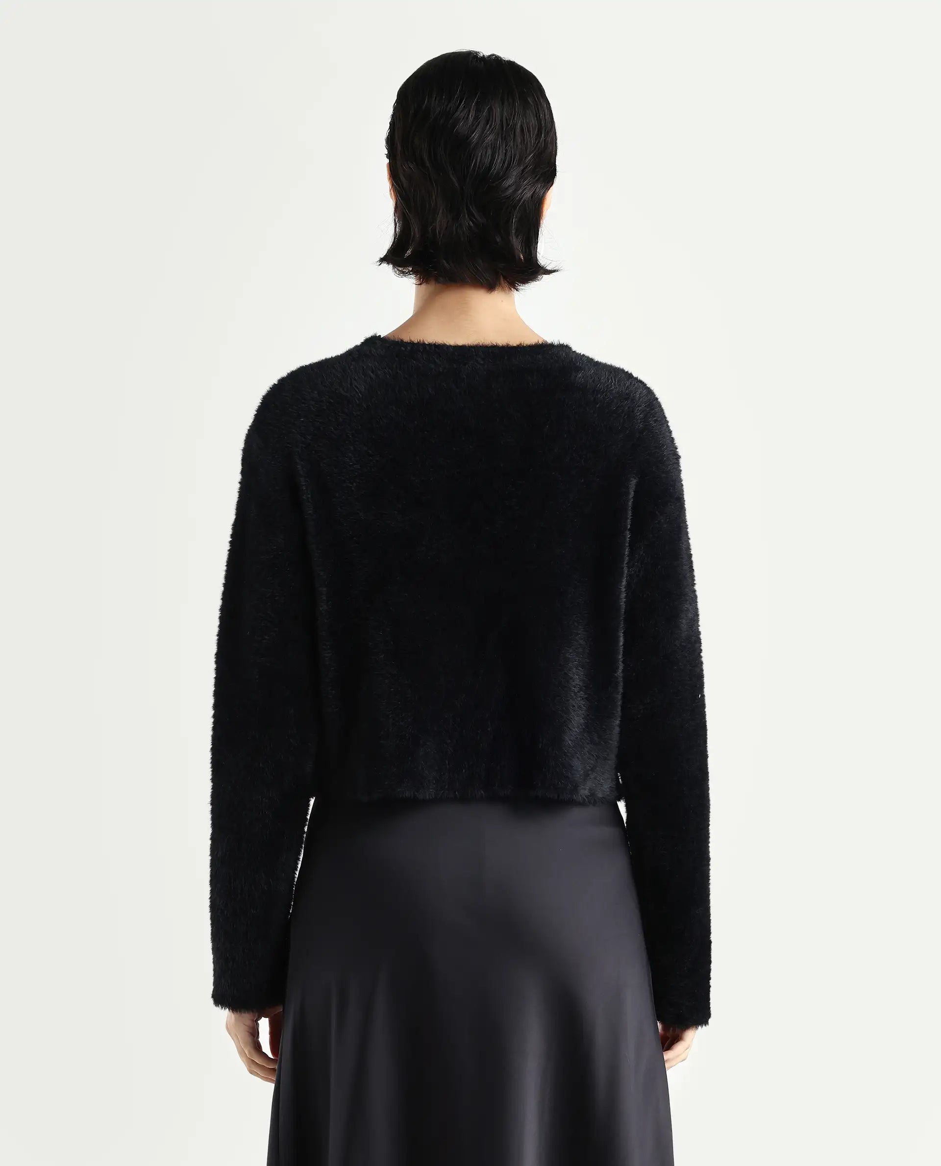 Rareism Women's Zarc-S Black Nylon V-Neck Relaxed Fit Plain Cardigan