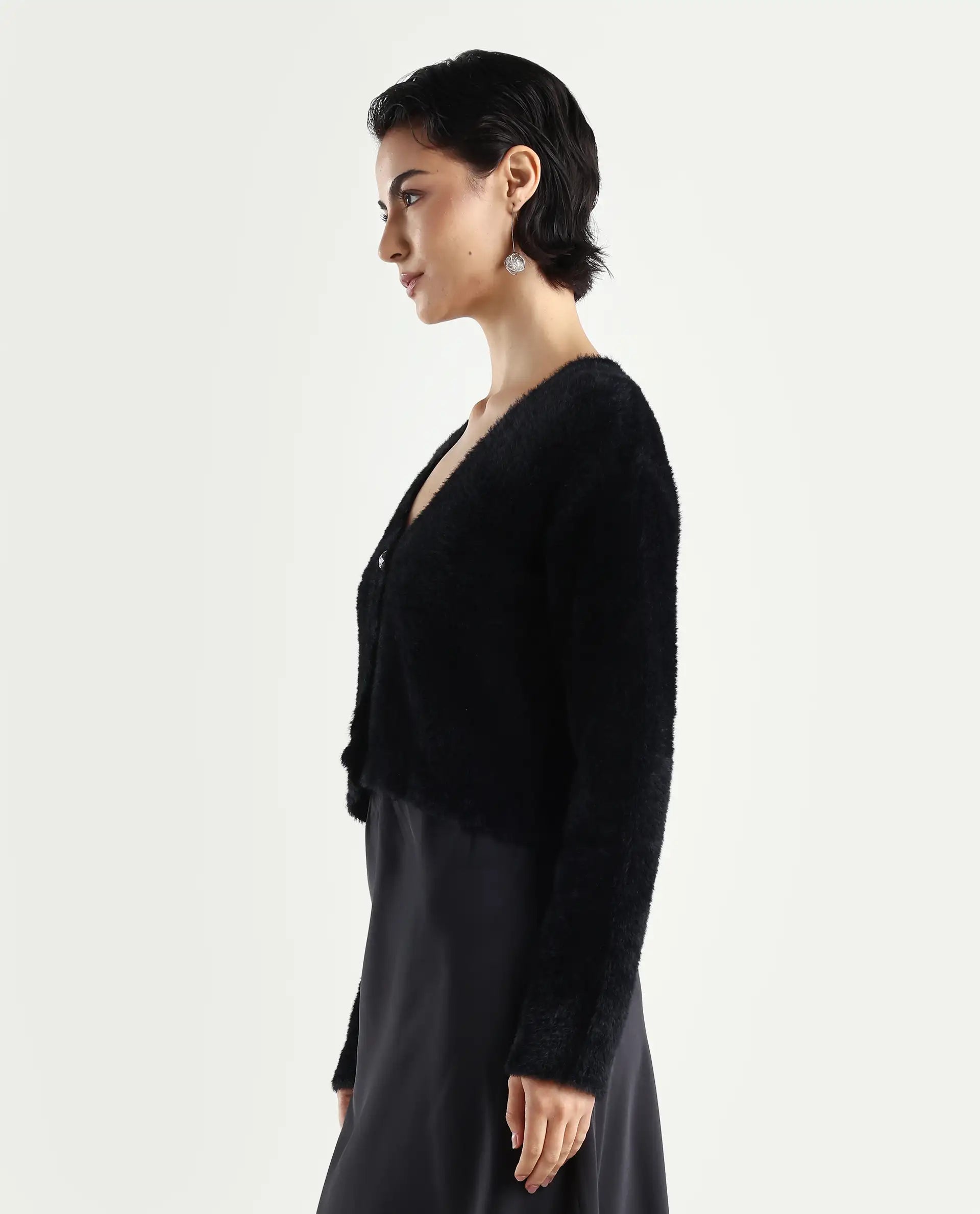 Rareism Women's Zarc-S Black Nylon V-Neck Relaxed Fit Plain Cardigan