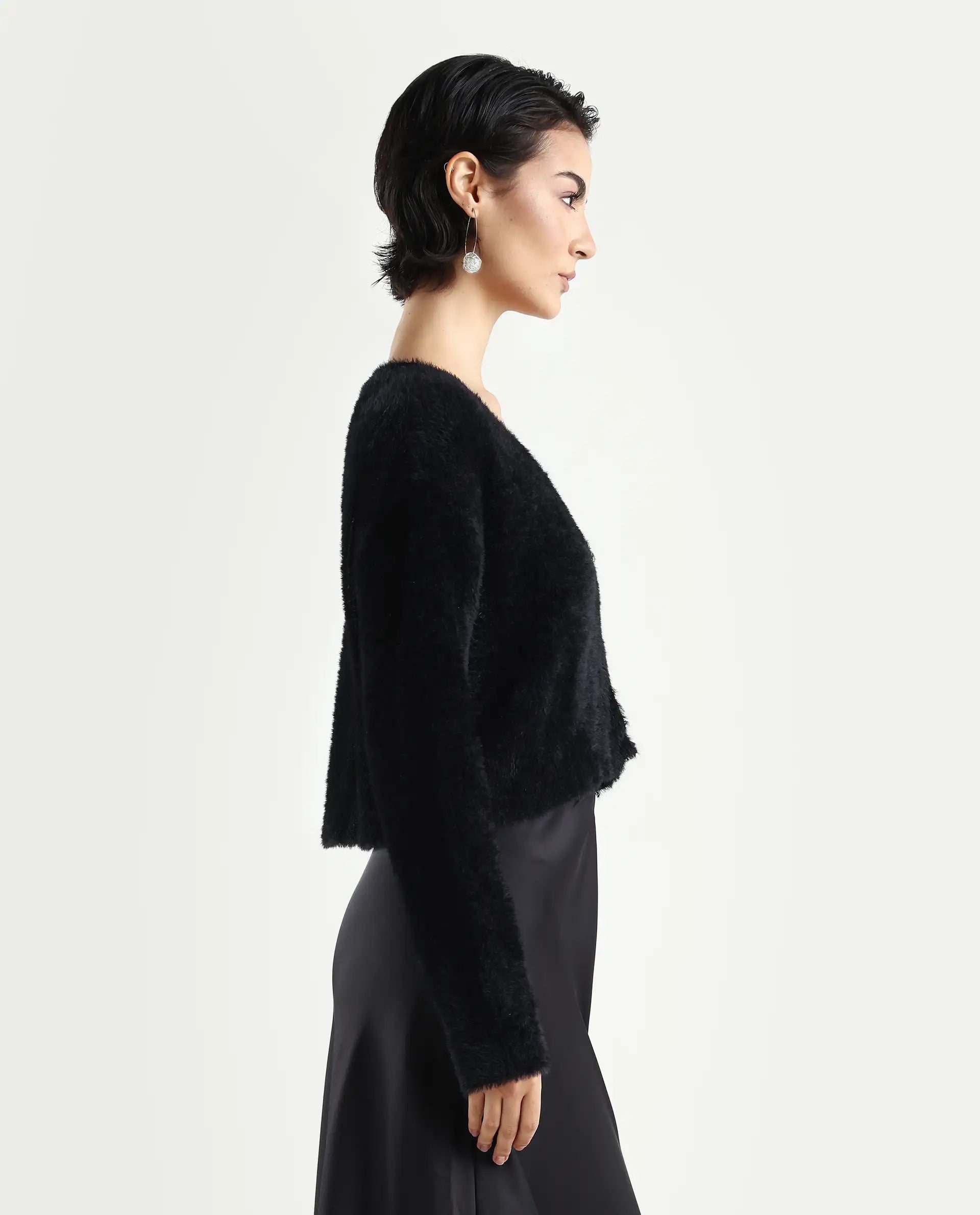 Rareism Women's Zarc-S Black Nylon V-Neck Relaxed Fit Plain Cardigan