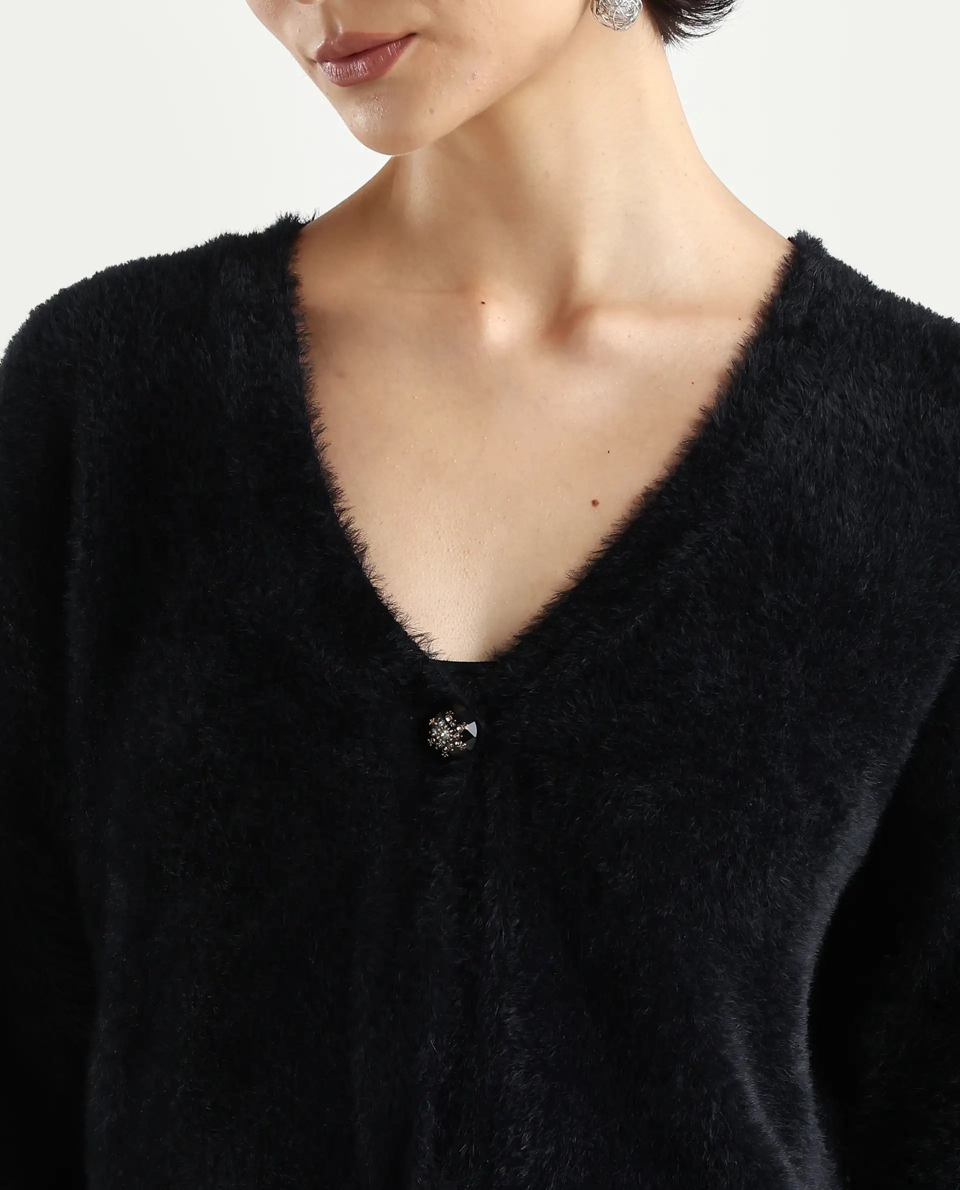 Rareism Women's Zarc-S Black Nylon V-Neck Relaxed Fit Plain Cardigan
