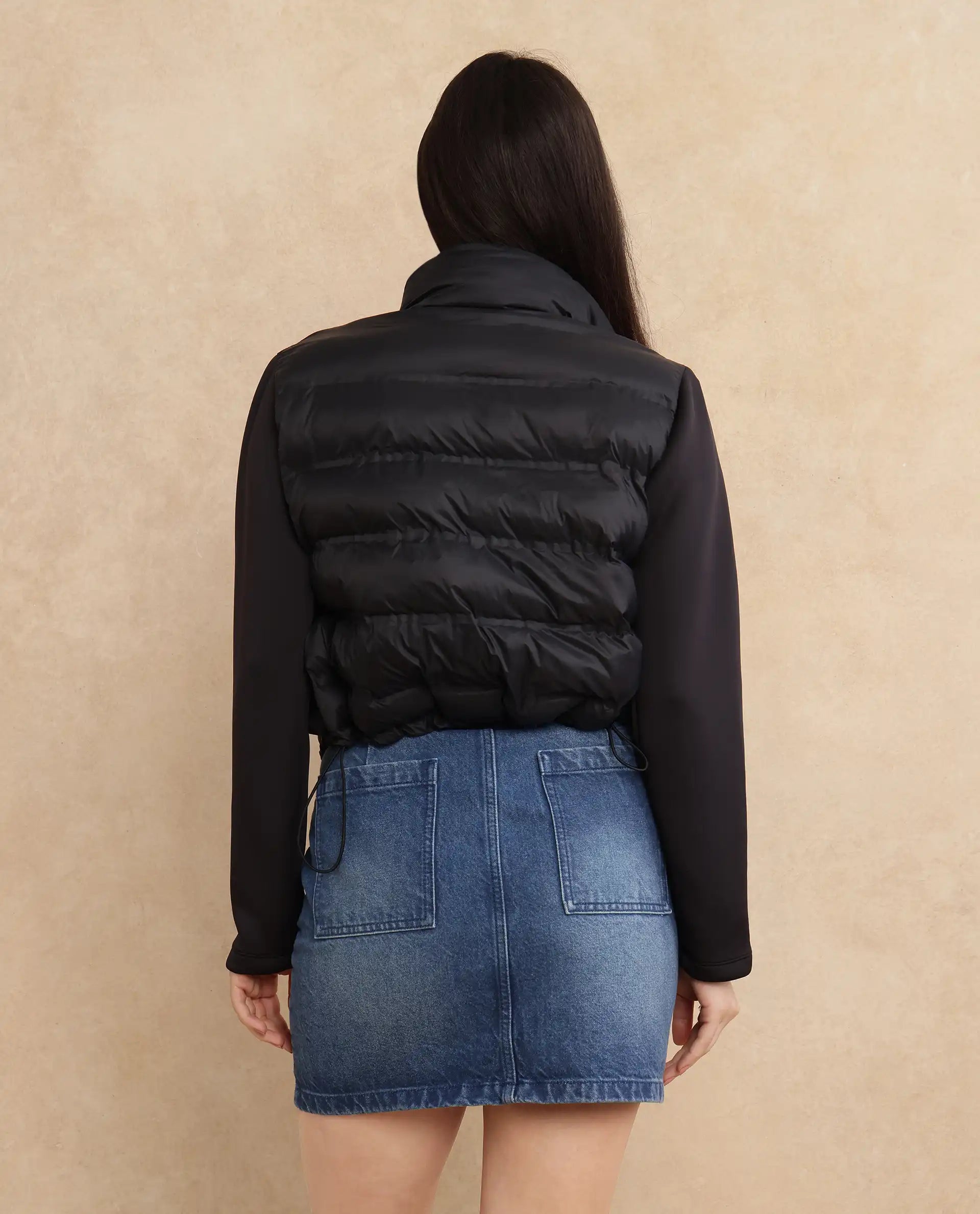 Rareism Women Zarcro Black Full Sleeve Stand Collar Zipper Closure Plain Jacket