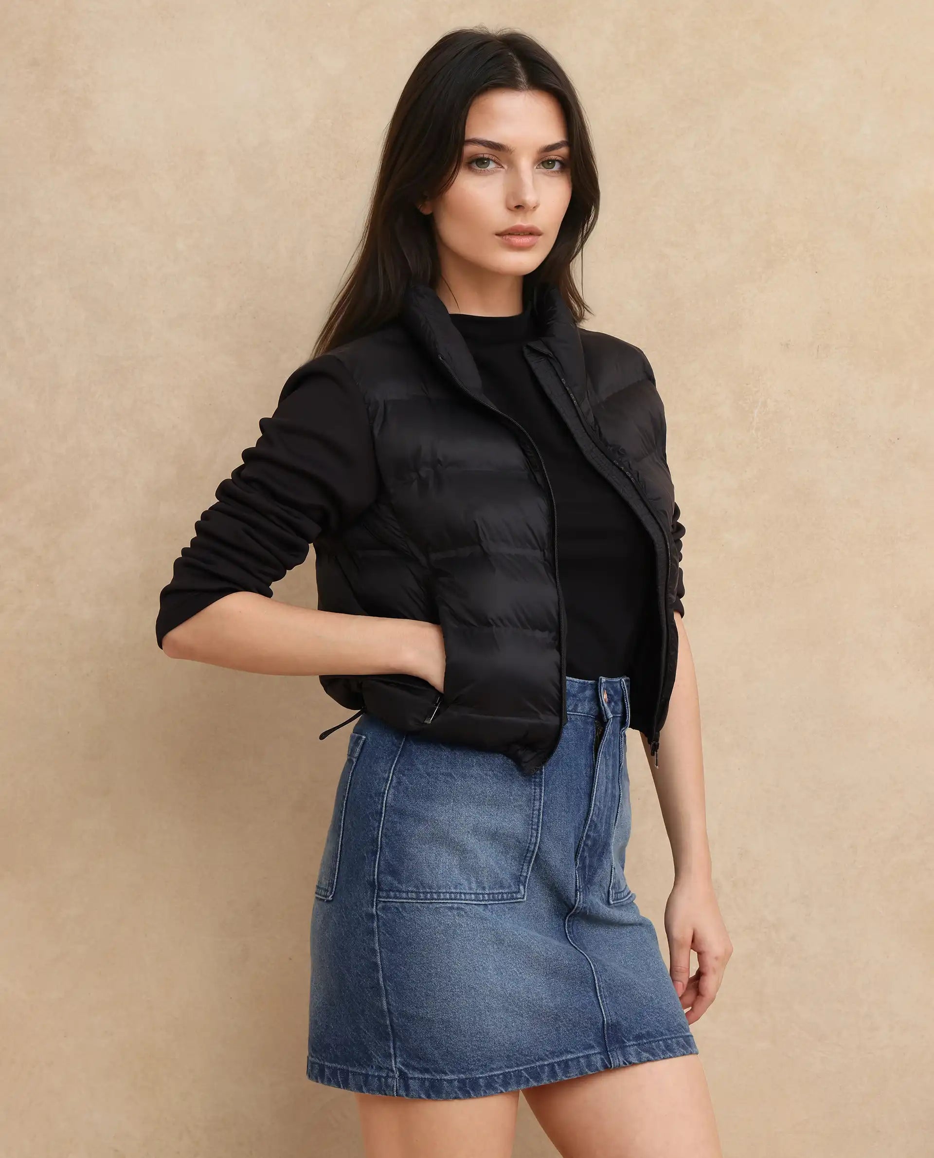 Rareism Women Zarcro Black Full Sleeve Stand Collar Zipper Closure Plain Jacket