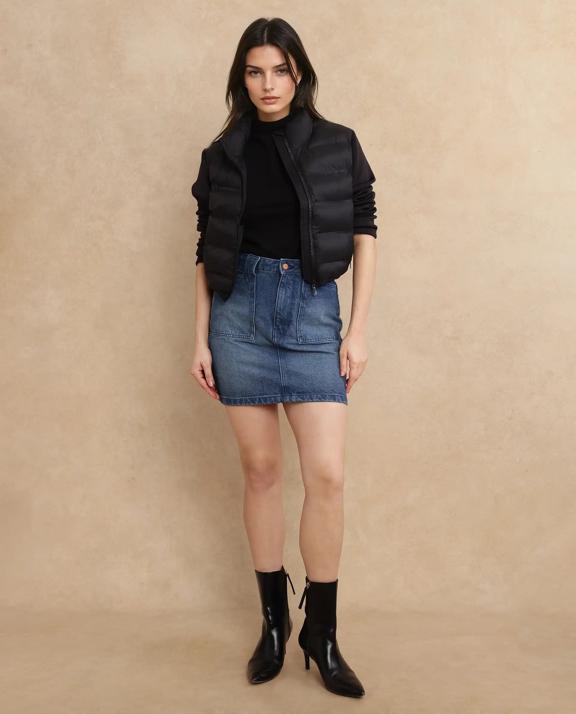 Rareism Women Zarcro Black Full Sleeve Stand Collar Zipper Closure Plain Jacket