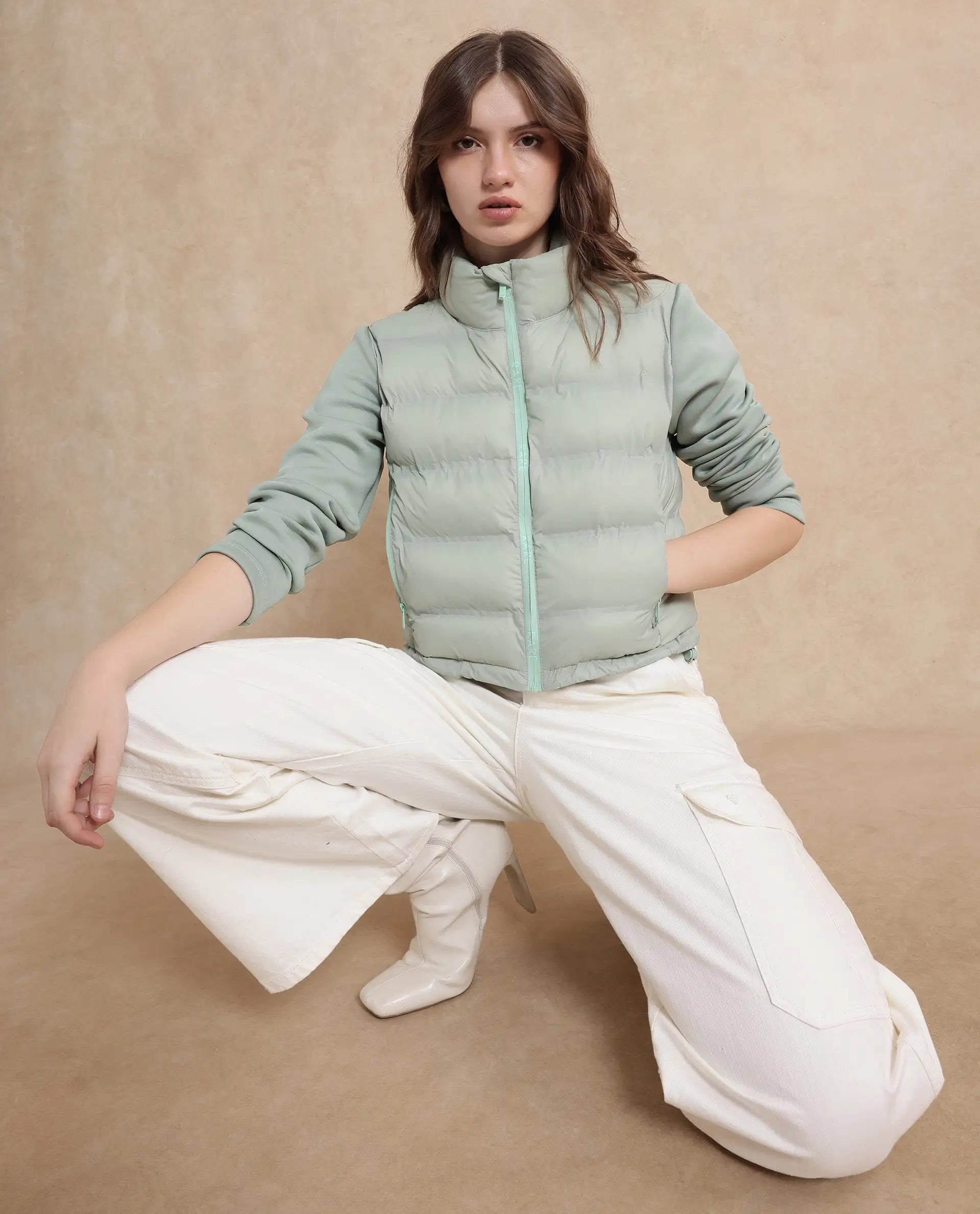 Rareism Women Zarcro Light Green Full Sleeve Stand Collar Zipper Closure Plain Jacket