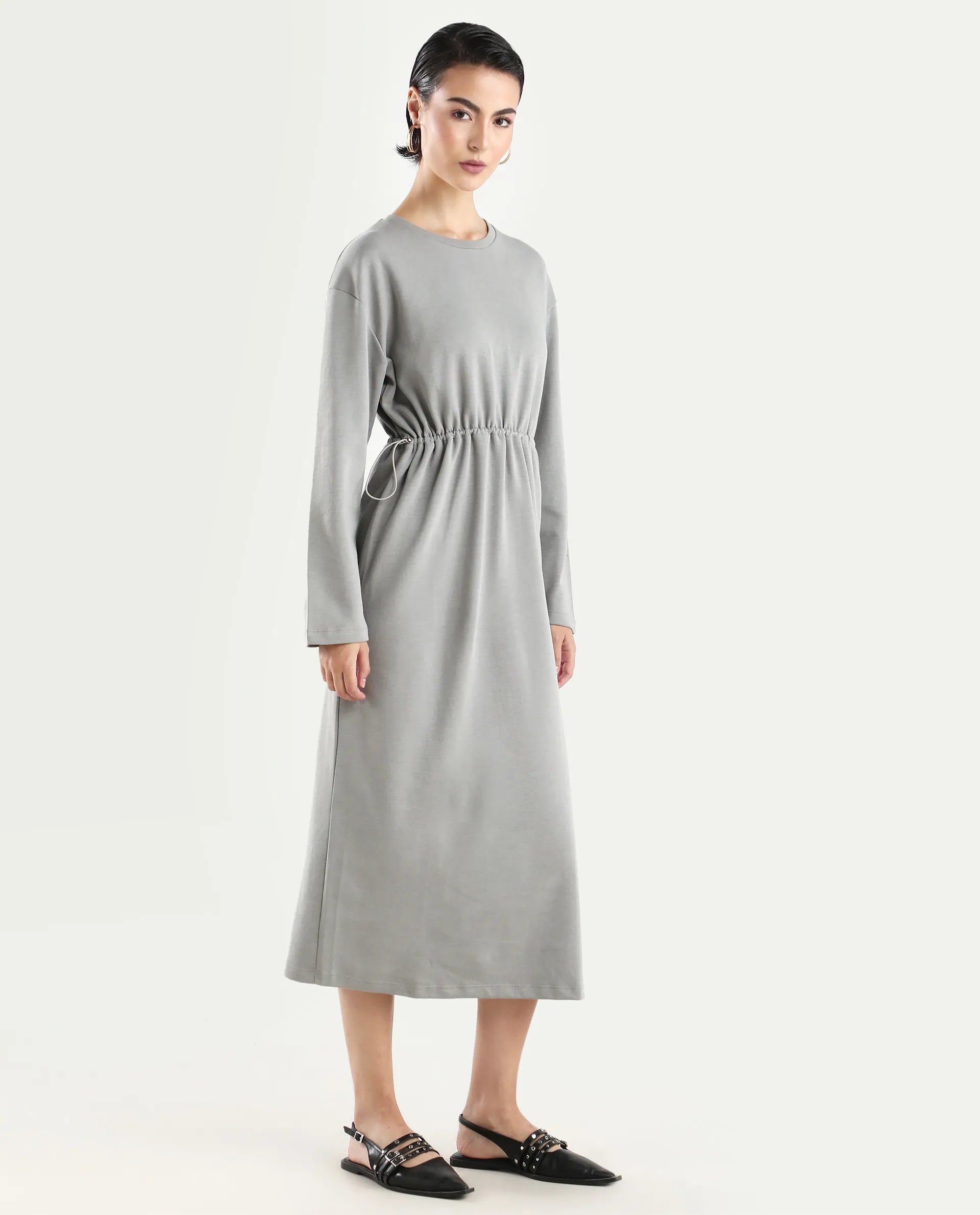 Rareism Women's Zarene Grey Cotton Blend Crew Neck Plain Maxi Regular Fit Dress
