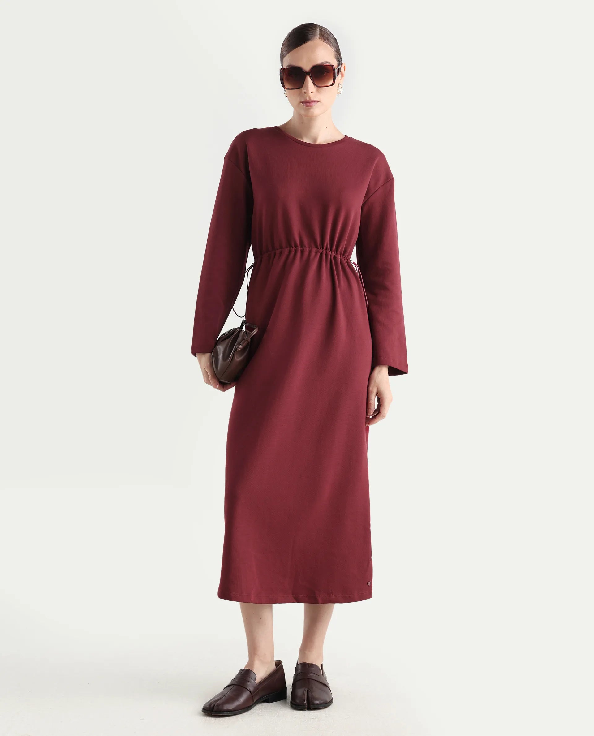 Rareism Women's Zarene Maroon Cotton Cotton Blend Crew Neck Plain Maxi Regular Fit Dress