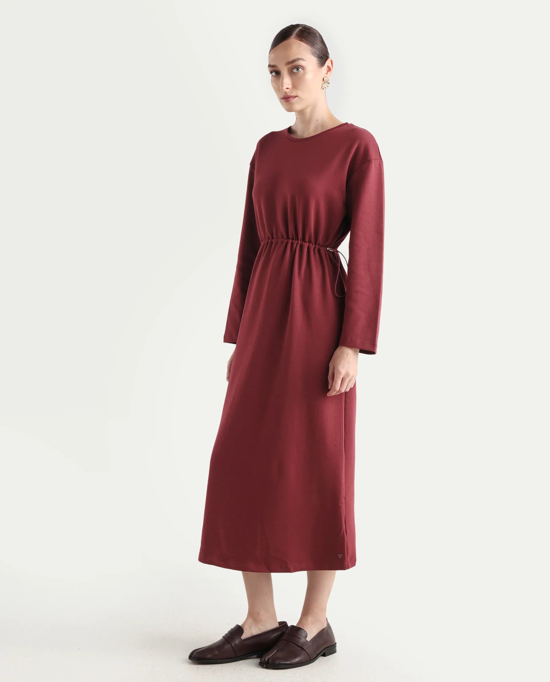 Rareism Women's Zarene Maroon Cotton Cotton Blend Crew Neck Plain Maxi Regular Fit Dress