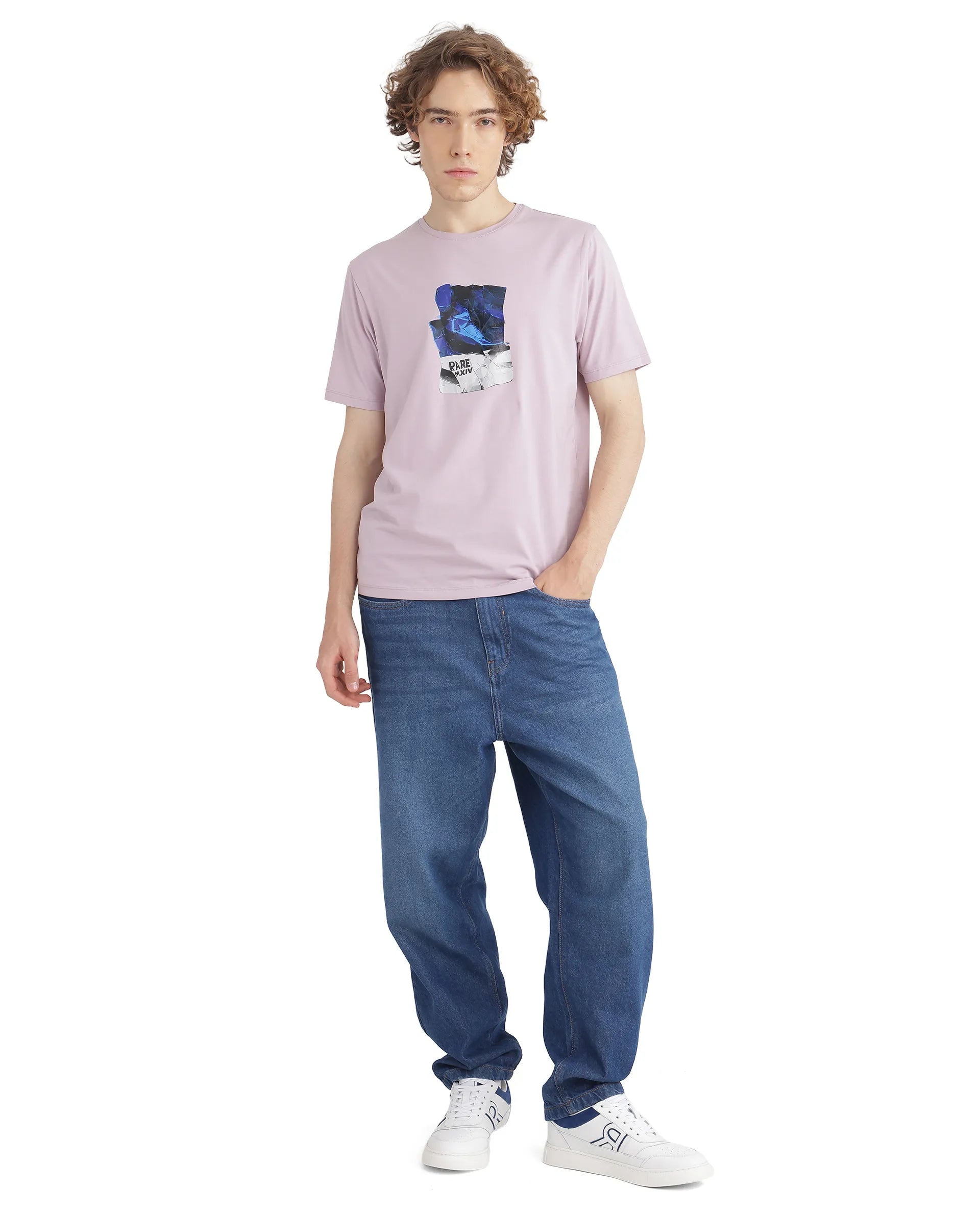 Rare Rabbit Men Zarf Dusky Pink Cotton Blend Fabric Short Sleeve Crew Neck Graphic Print T-Shirt