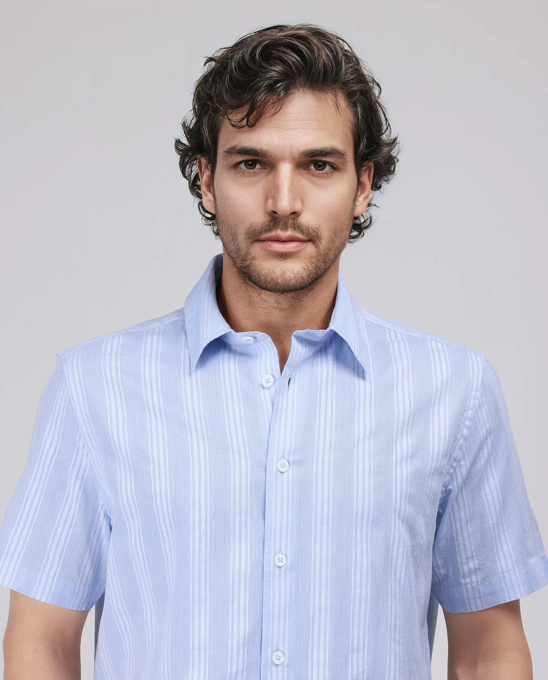 Rare Rabbit Men's Zark Pastel Blue Cotton Fabric Short Sleeve Spred Collar Button Closure Striped Shirt