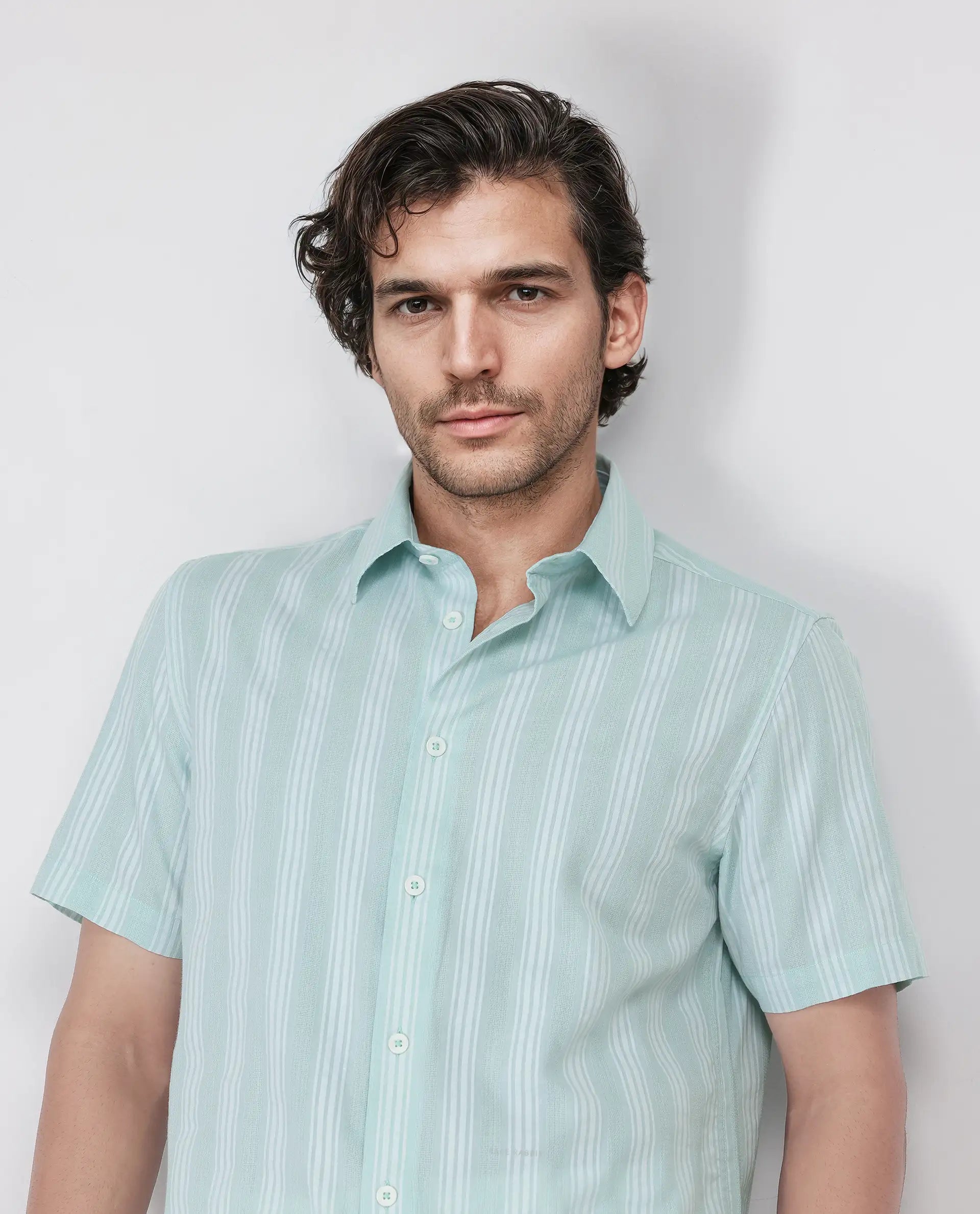 Rare Rabbit Men's Zark Pastel Green Cotton Fabric Short Sleeve Collared Neck Button Closure Striped Shirt