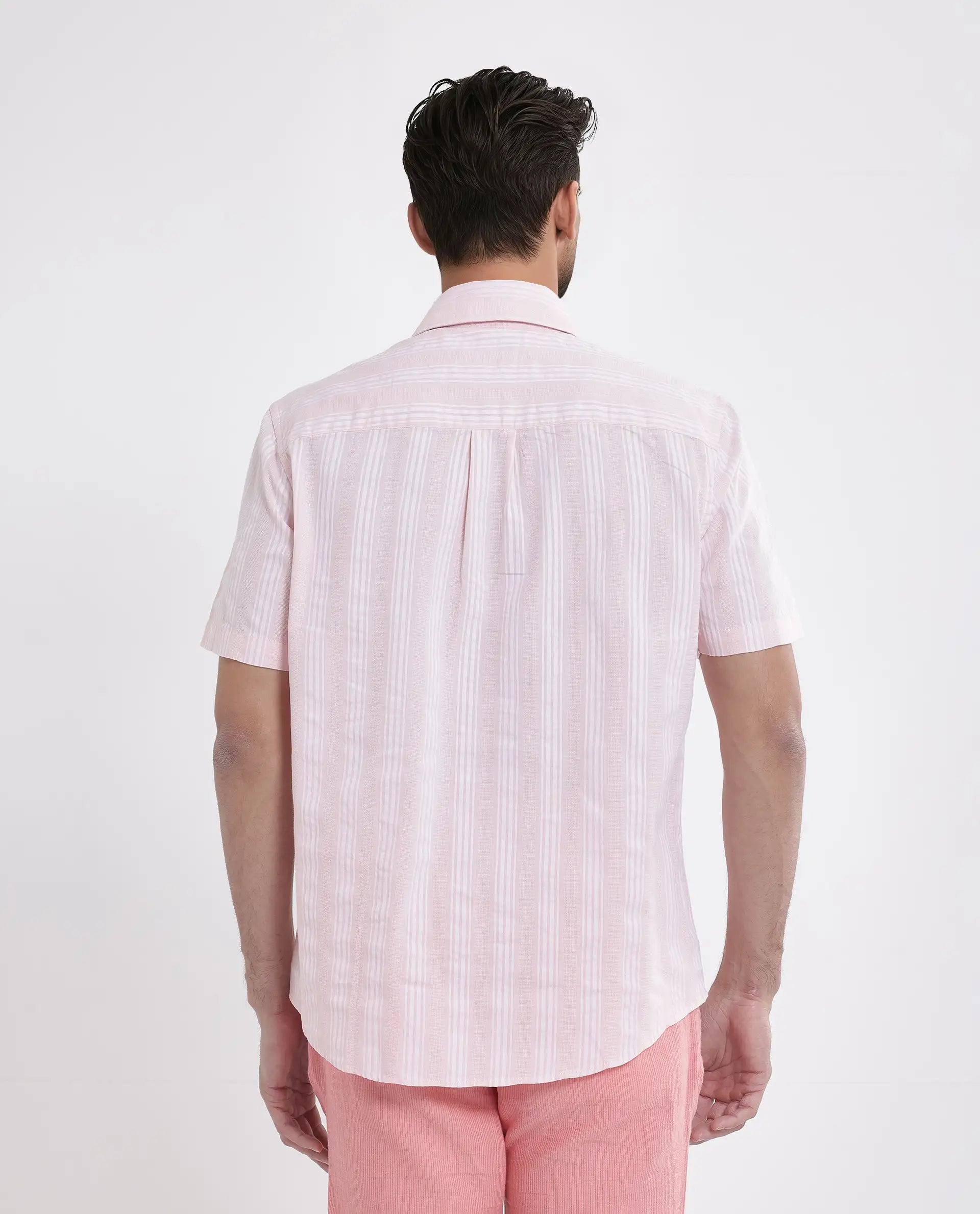 Rare Rabbit Men's Zark Pastel Peach Cotton Fabric Short Sleeve Collared Neck Button Closure Printed Shirt