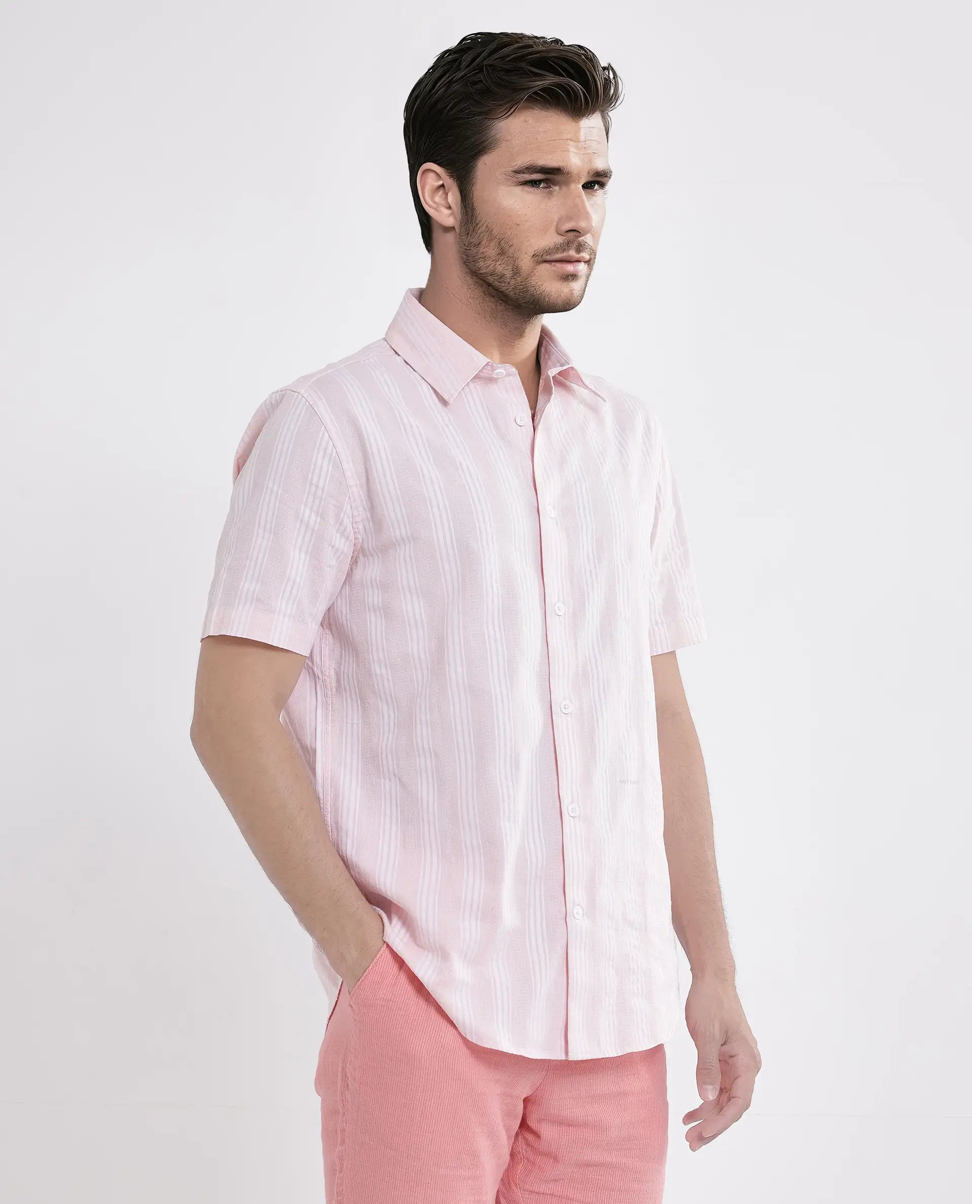 Rare Rabbit Men's Zark Pastel Peach Cotton Fabric Short Sleeve Collared Neck Button Closure Printed Shirt