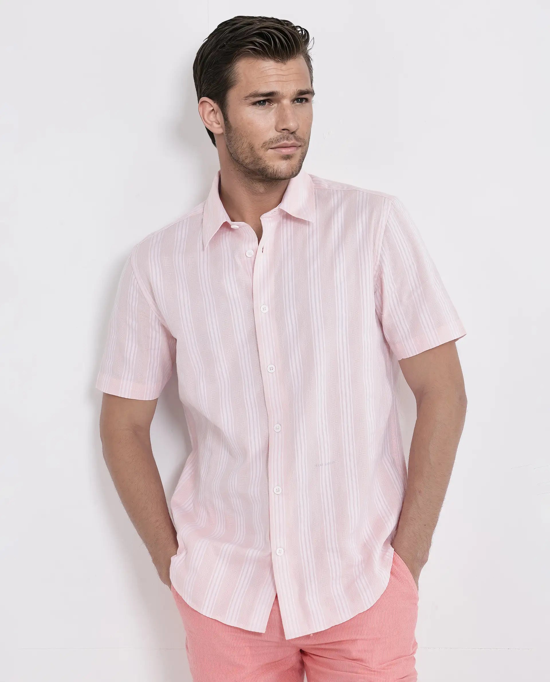 Rare Rabbit Men's Zark Pastel Peach Cotton Fabric Short Sleeve Collared Neck Button Closure Printed Shirt