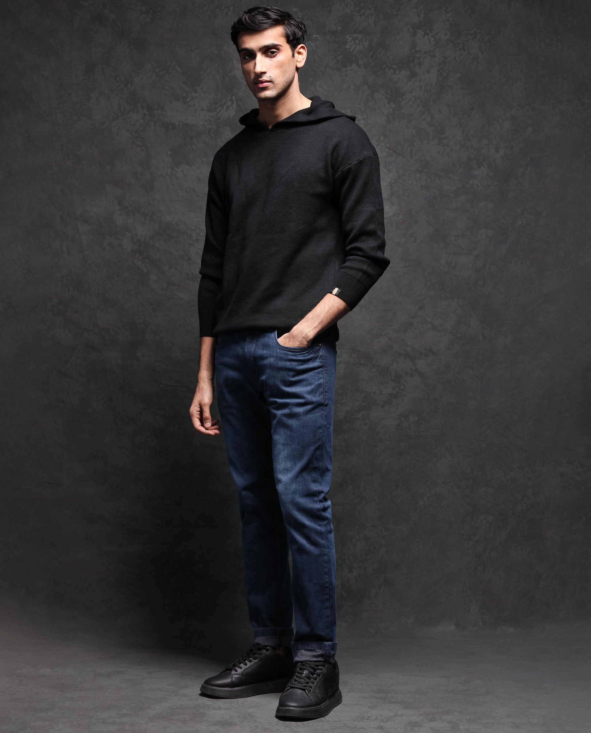 Rare Rabbit Men'S Zarr Black Pullover Cotton Fabric Hooded Neck Full Sleeves Slim Fit