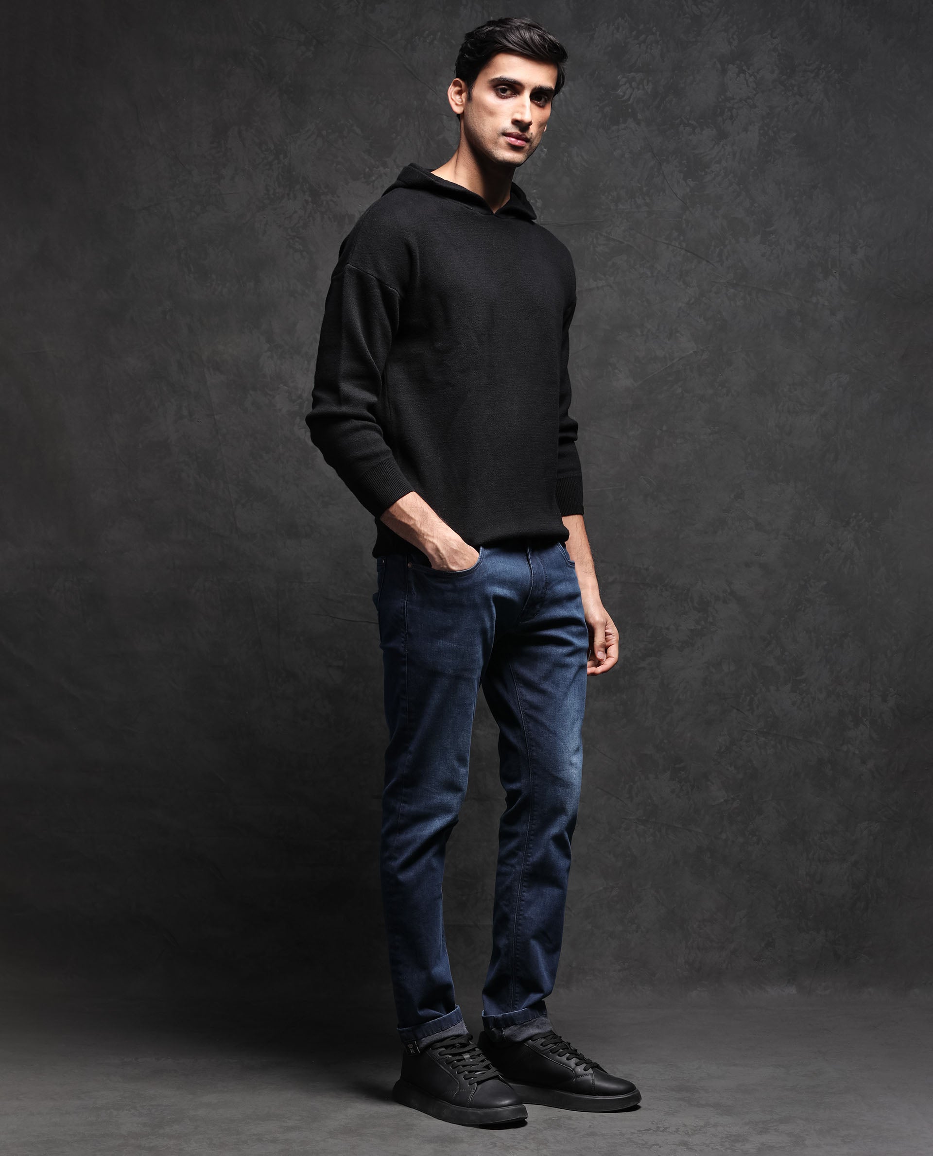 Rare Rabbit Men'S Zarr Black Pullover Cotton Fabric Hooded Neck Full Sleeves Slim Fit