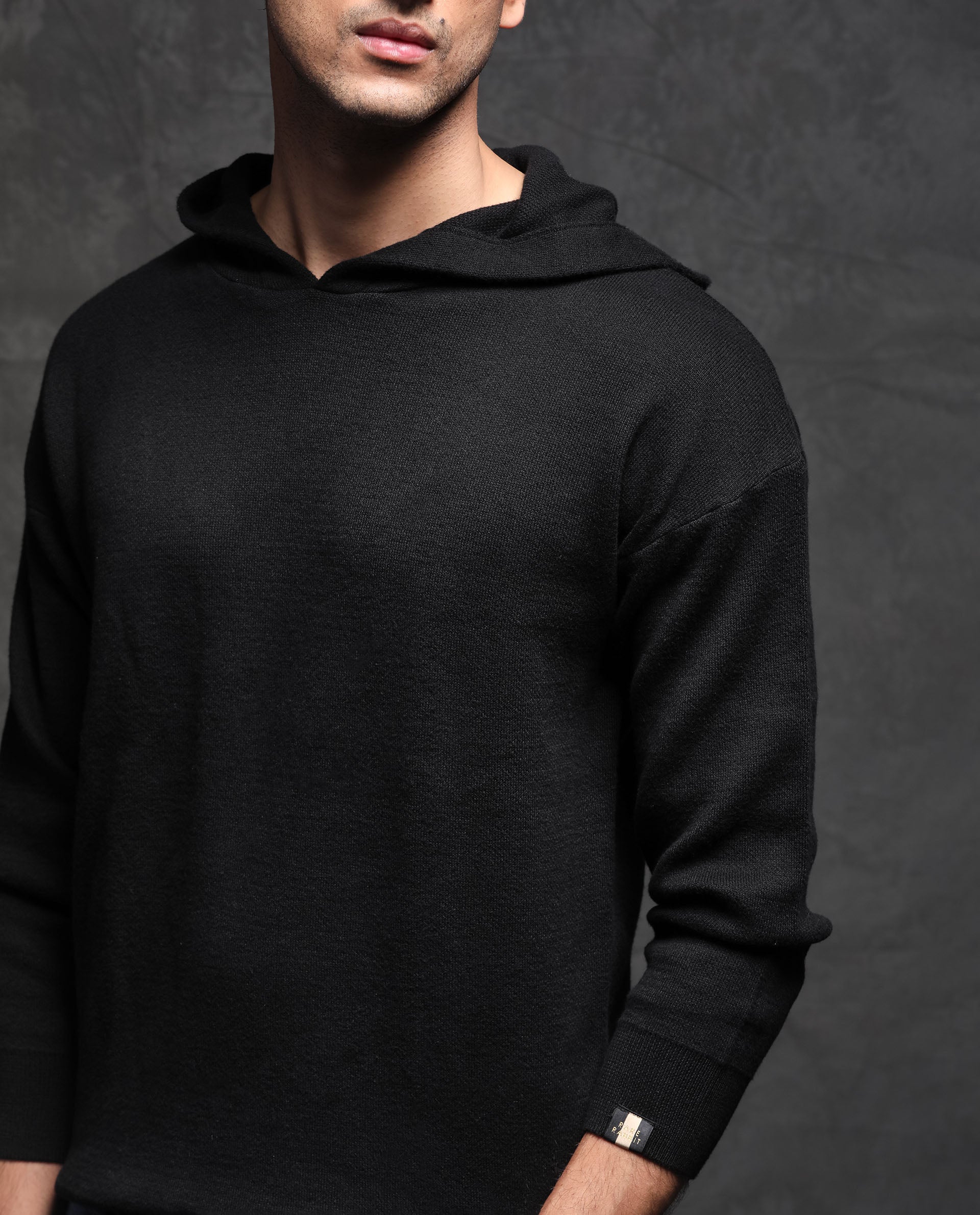 Rare Rabbit Men'S Zarr Black Pullover Cotton Fabric Hooded Neck Full Sleeves Slim Fit