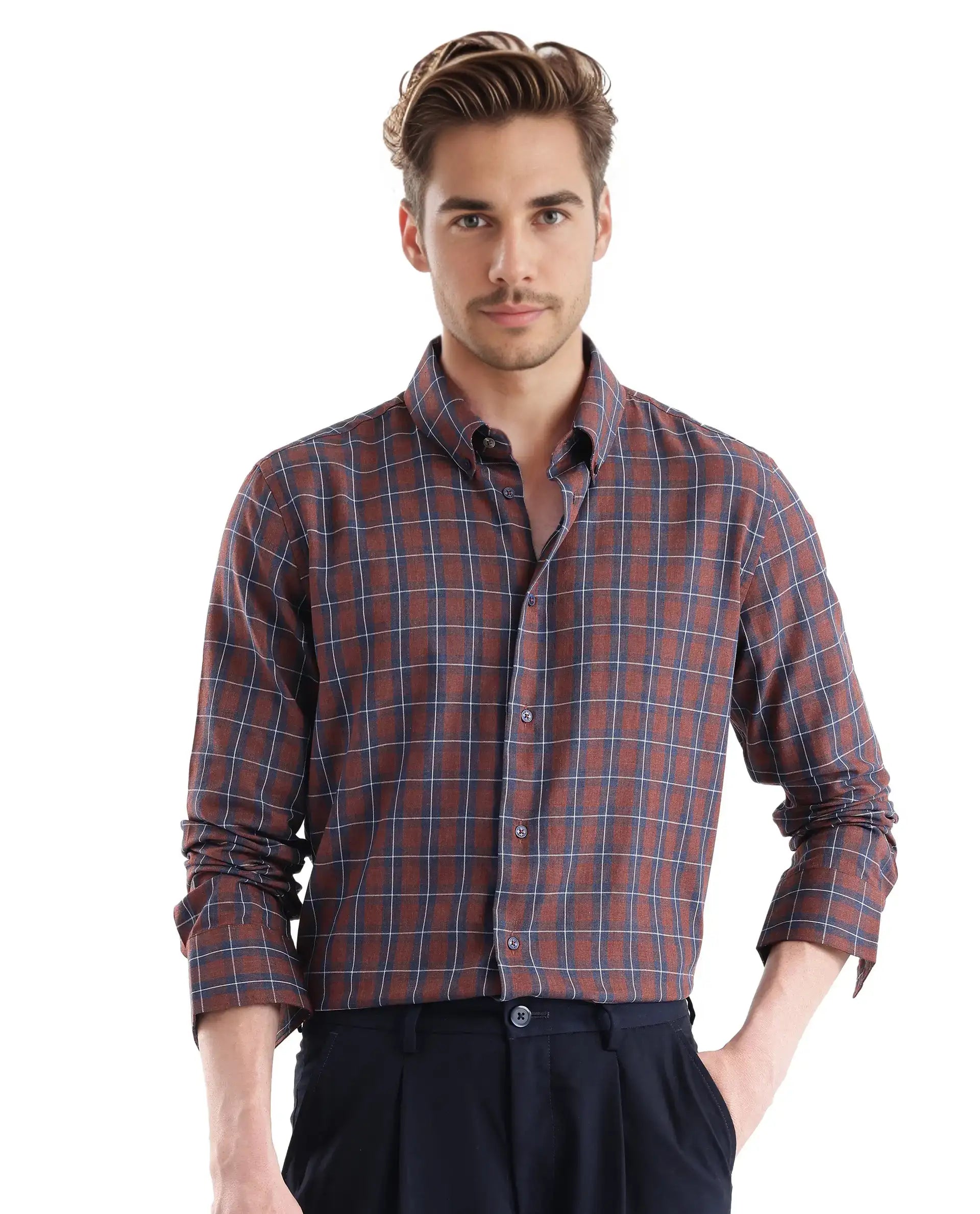 Rare Rabbit Men's Zary Brown Cotton Checked Print Regular Fit Full Sleeve Collared Shirt