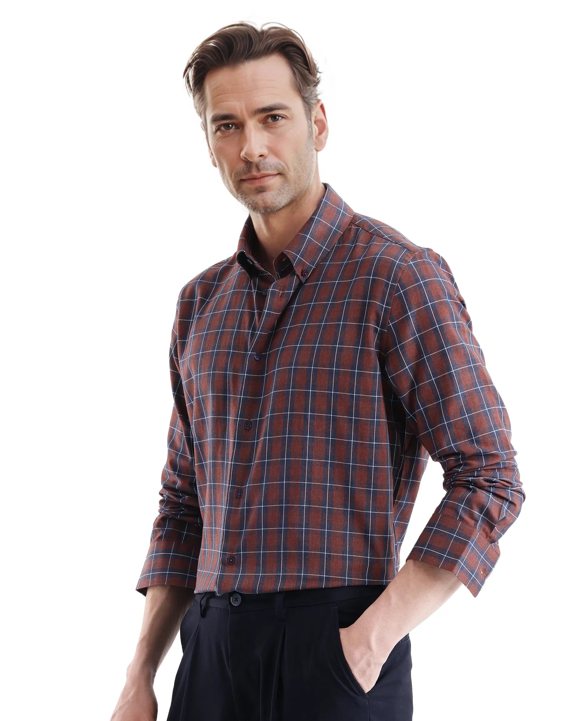 Rare Rabbit Men's Zary Brown Cotton Fabric Full Sleeve Collared Neck Checks Shirt