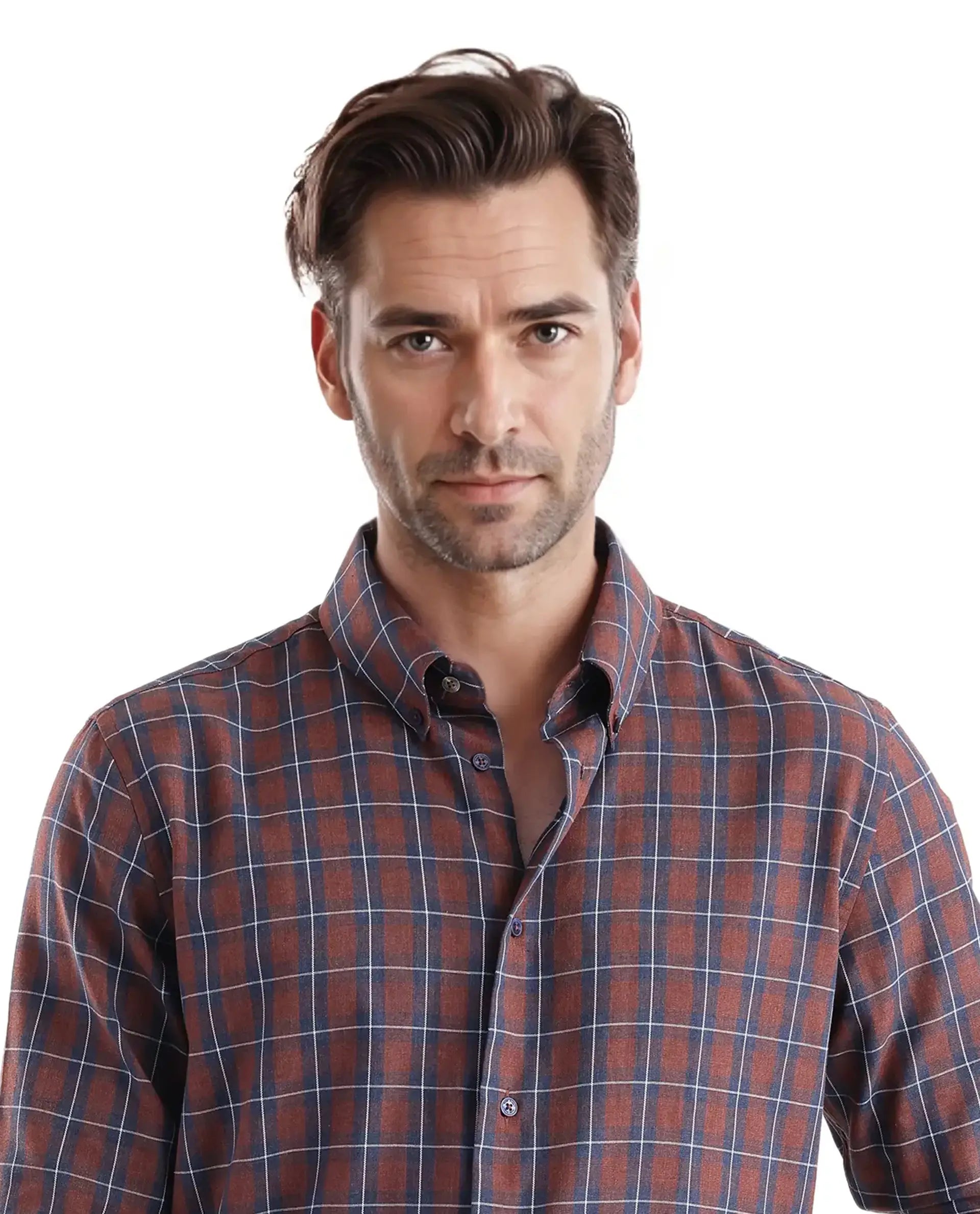 Rare Rabbit Men's Zary Brown Cotton Fabric Full Sleeve Collared Neck Checks Shirt