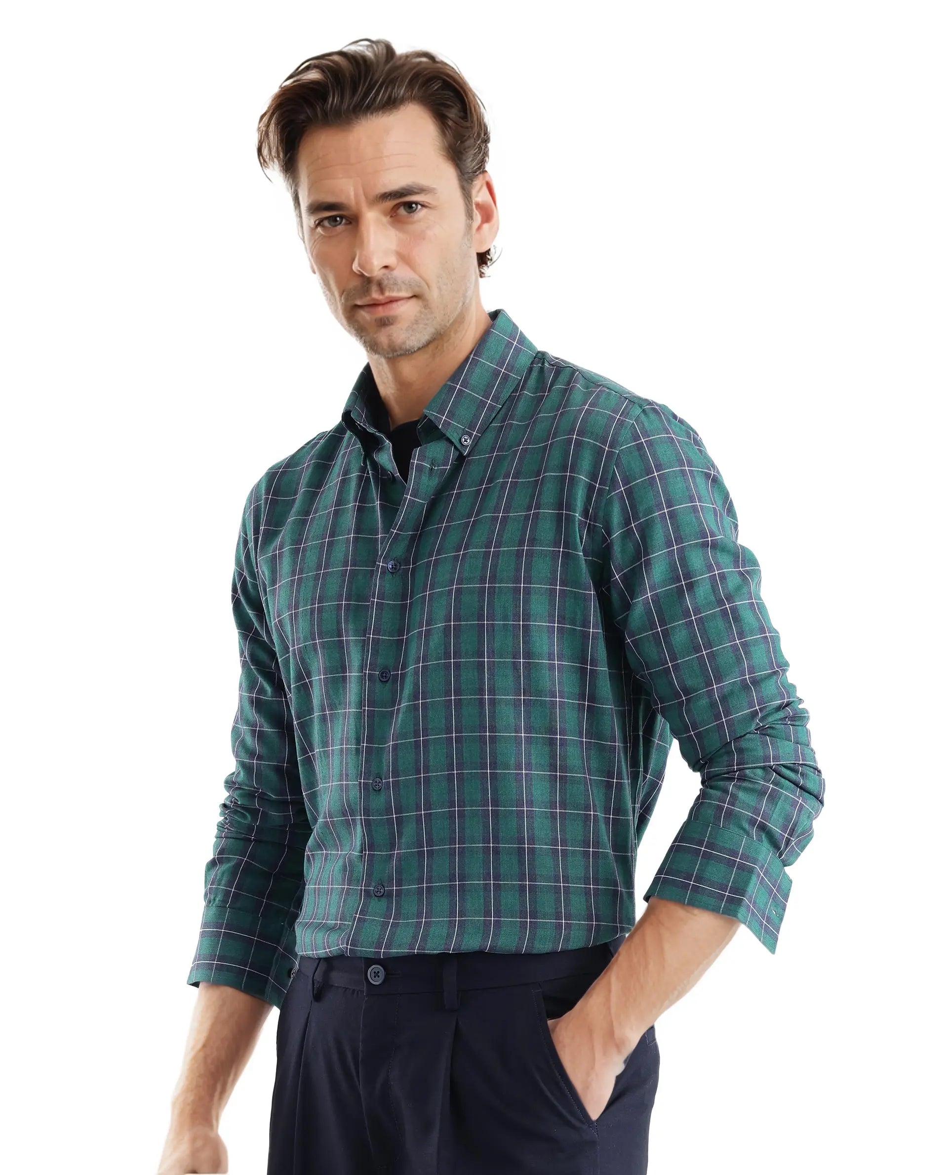 Rare Rabbit Men's Zary Dark Green Cotton Fabric Full Sleeve Regular Fit Checks Shirt