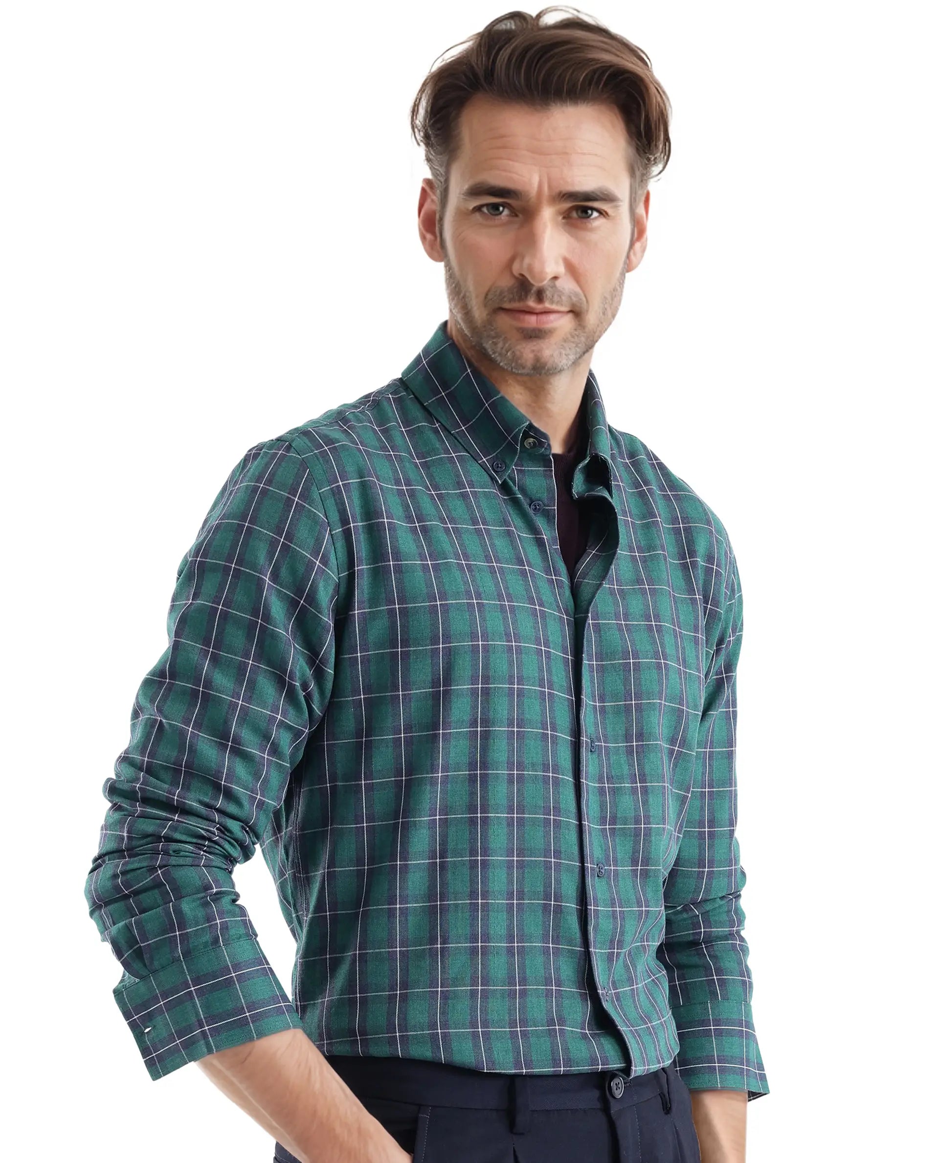 Rare Rabbit Men's Zary Dark Green Cotton Fabric Full Sleeve Regular Fit Checks Shirt
