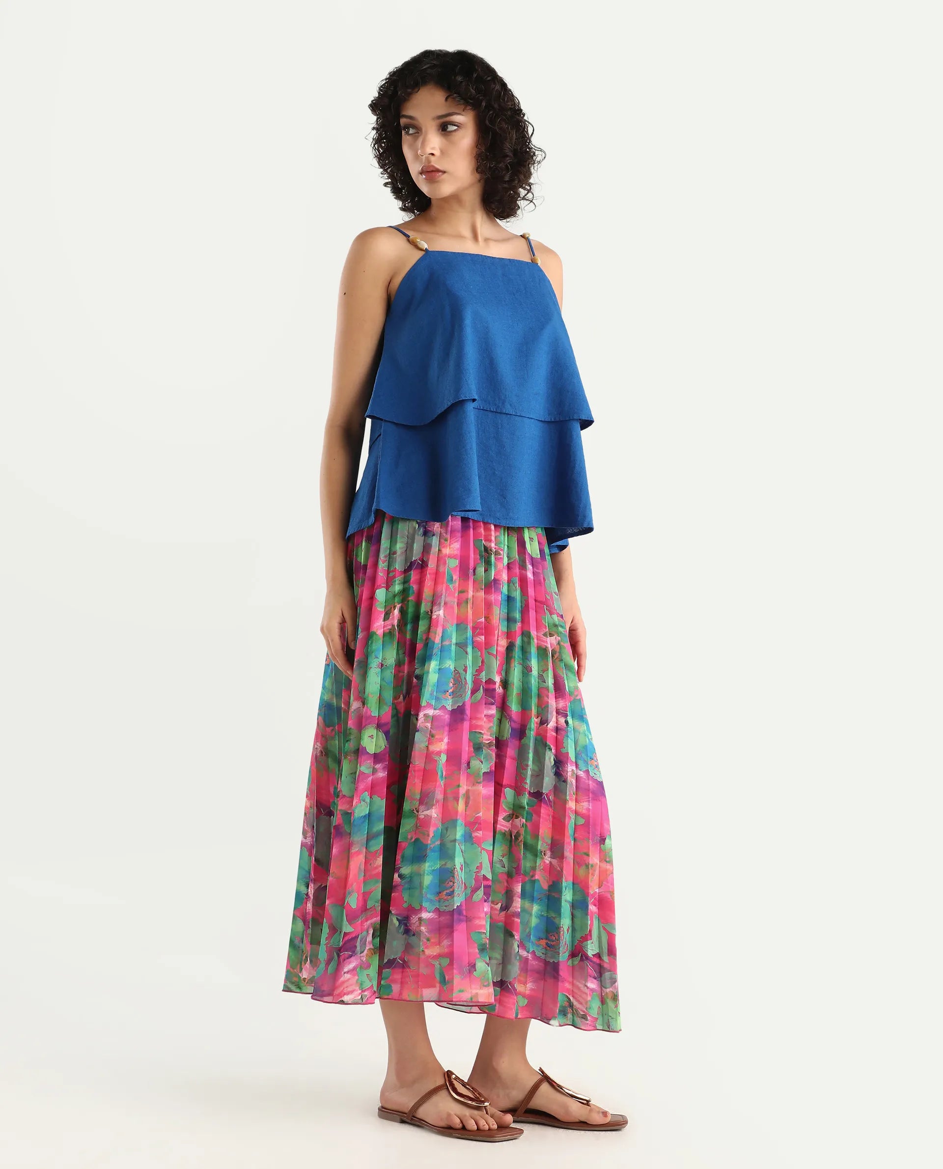 Rareism Women's Zasopi Multi Polyester Floral Print Midi Flared Skirt