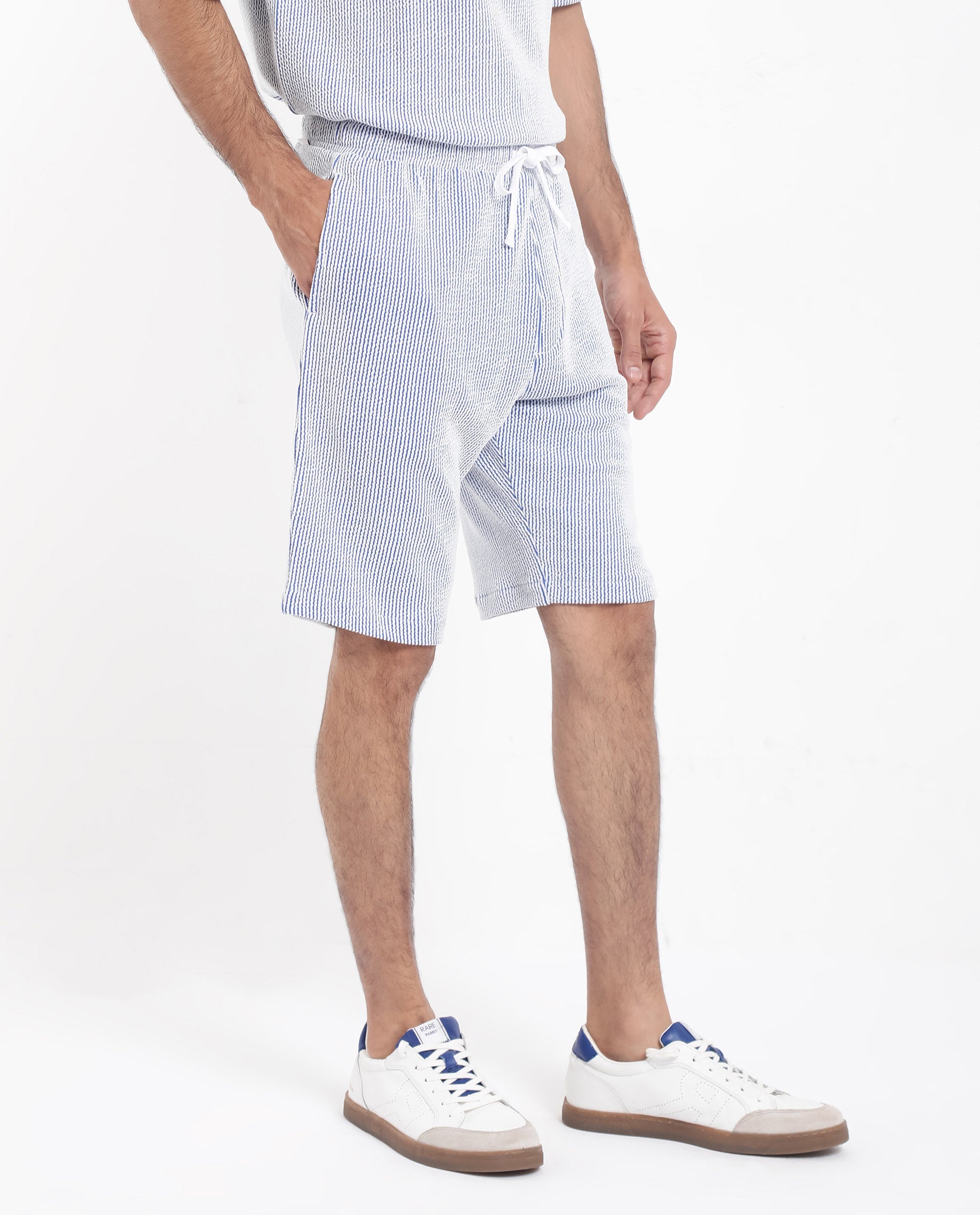 Rare Rabbit Men's Zavet-B Blue Cotton Polyester Fabric Knee Length Regular Fit Self Stripe Textured Shorts