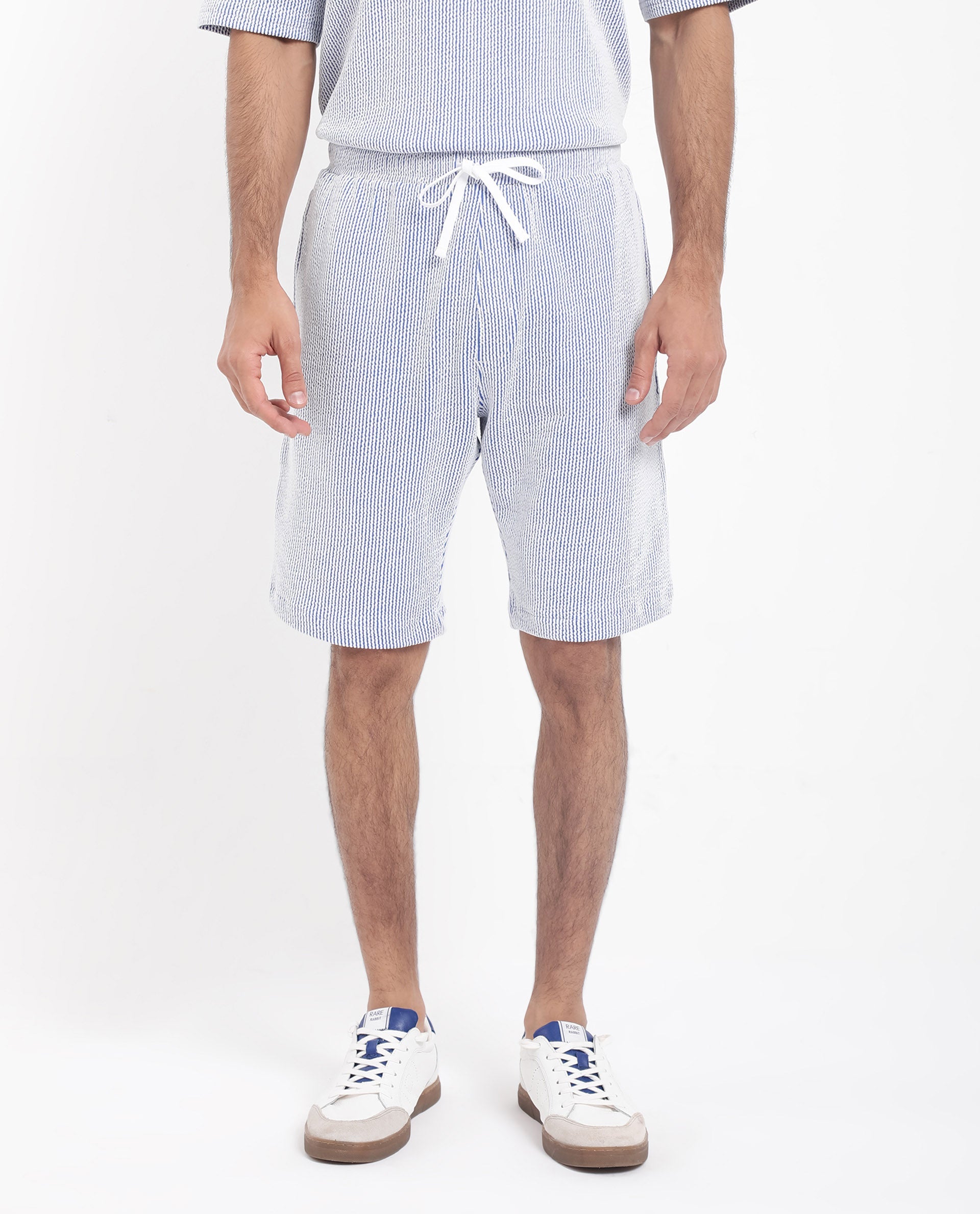 Rare Rabbit Men's Zavet-B Blue Cotton Polyester Fabric Knee Length Regular Fit Self Stripe Textured Shorts