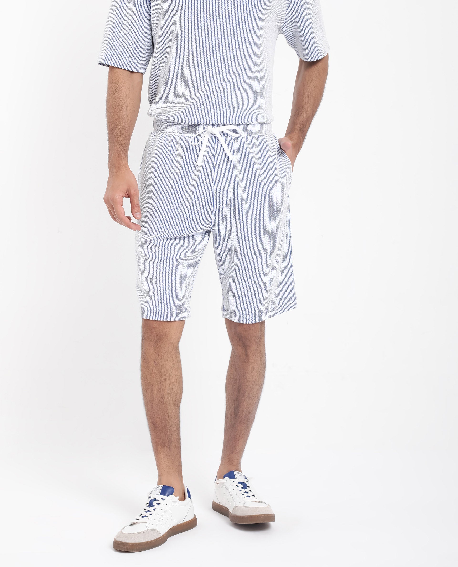 Rare Rabbit Men's Zavet-B Blue Cotton Polyester Fabric Knee Length Regular Fit Self Stripe Textured Shorts