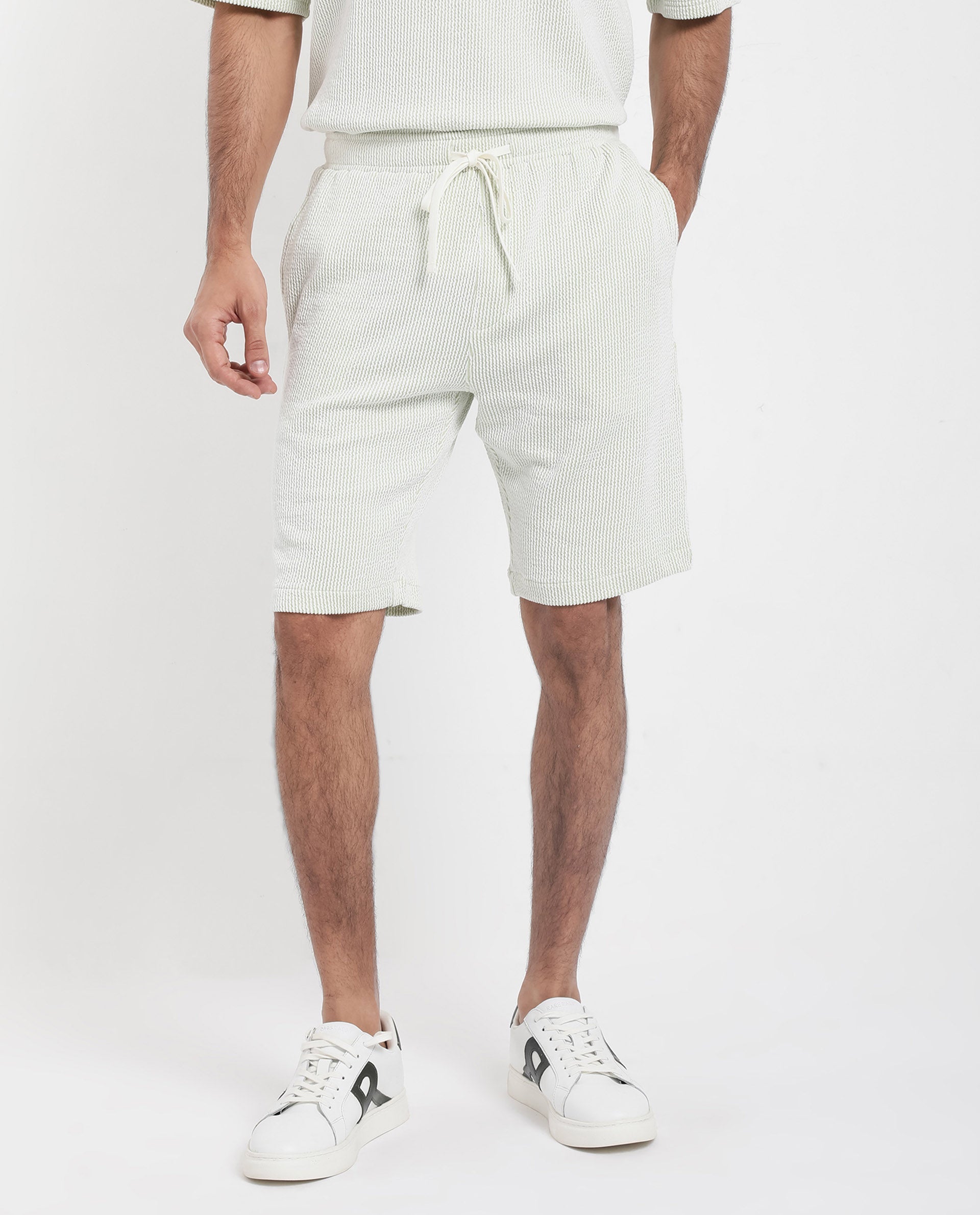 Rare Rabbit Men's Zavet-B Light Green Cotton Polyester Fabric Knee Length Regular Fit Self Stripe Textured Shorts