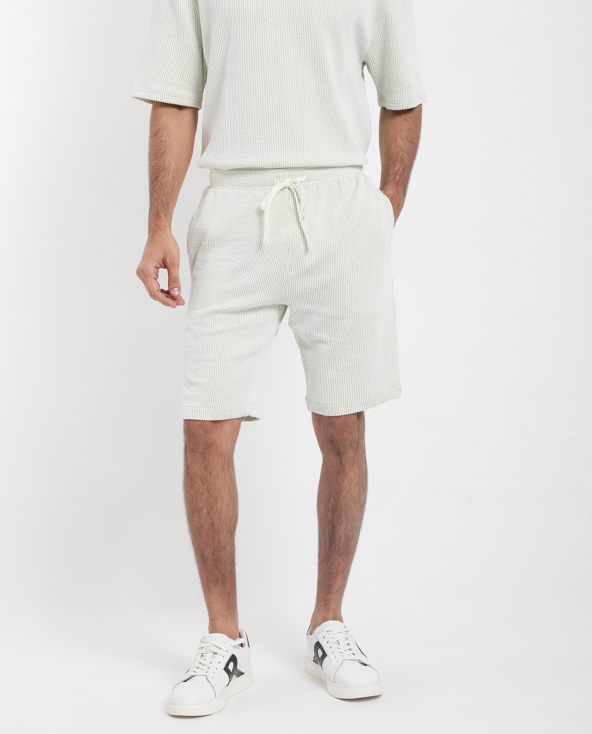 Rare Rabbit Men's Zavet-B Light Green Cotton Polyester Fabric Knee Length Regular Fit Self Stripe Textured Shorts