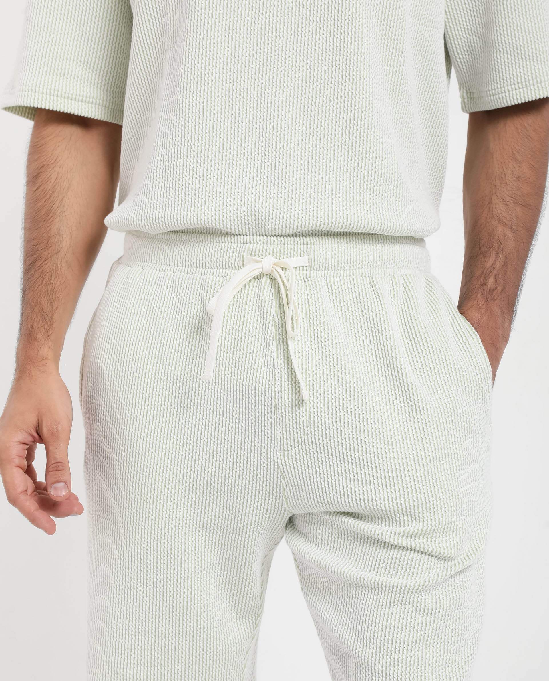 Rare Rabbit Men's Zavet-B Light Green Cotton Polyester Fabric Knee Length Regular Fit Self Stripe Textured Shorts