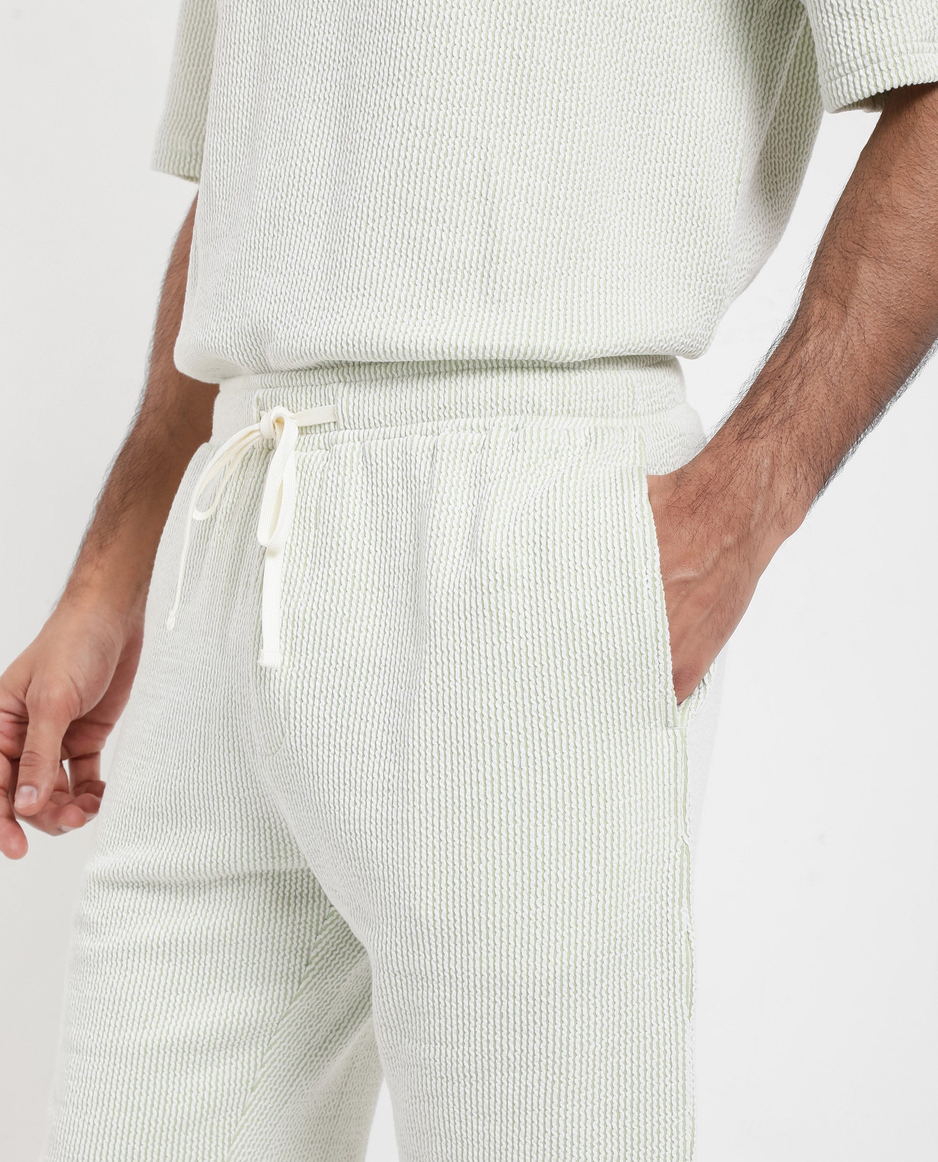 Rare Rabbit Men's Zavet-B Light Green Cotton Polyester Fabric Knee Length Regular Fit Self Stripe Textured Shorts