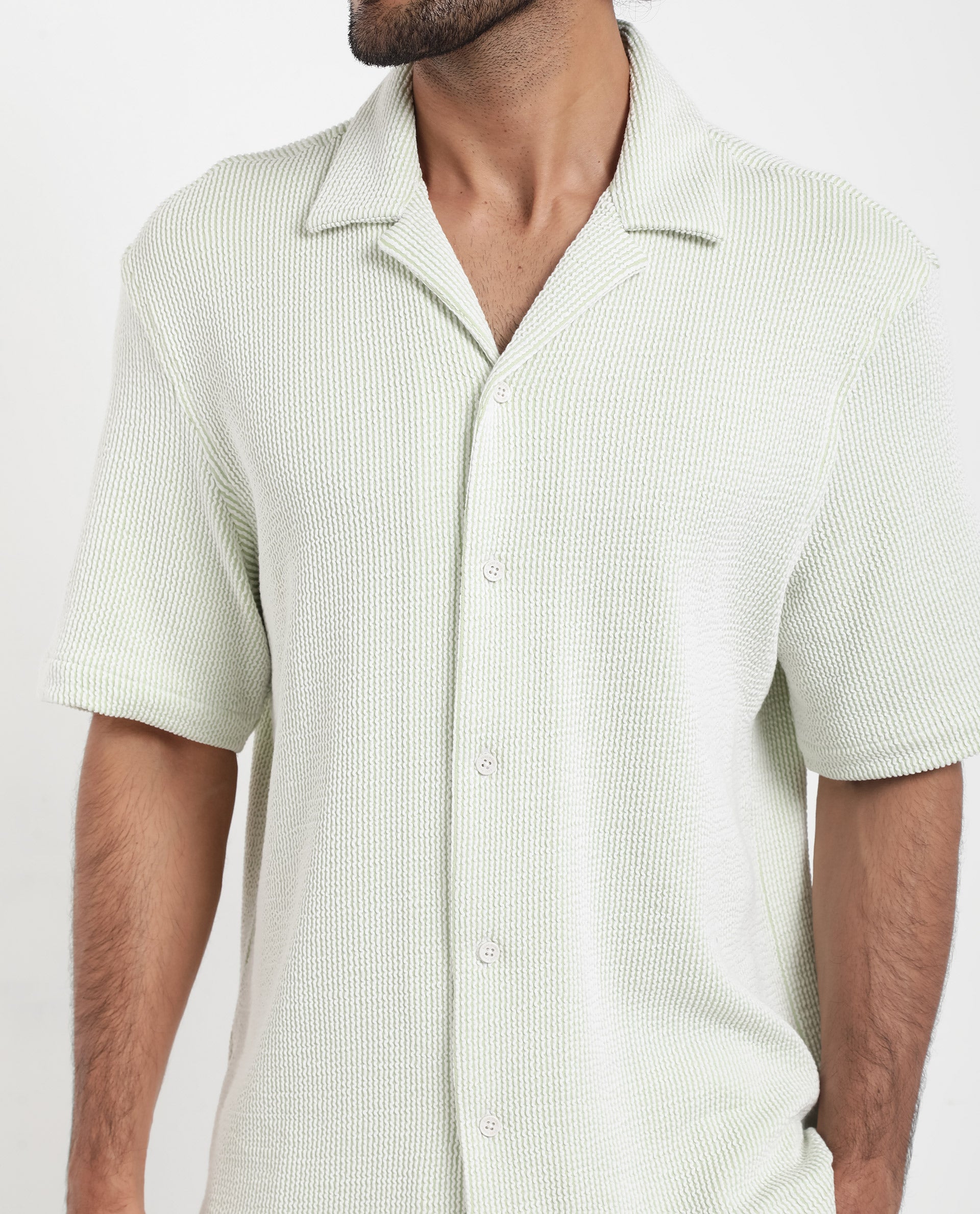 Rare Rabbit Men's Zavet-S Light Green Cotton Polyester Fabric Short Sleeves Cuban Collar Boxy Fit Self Stripe Textured Shirt