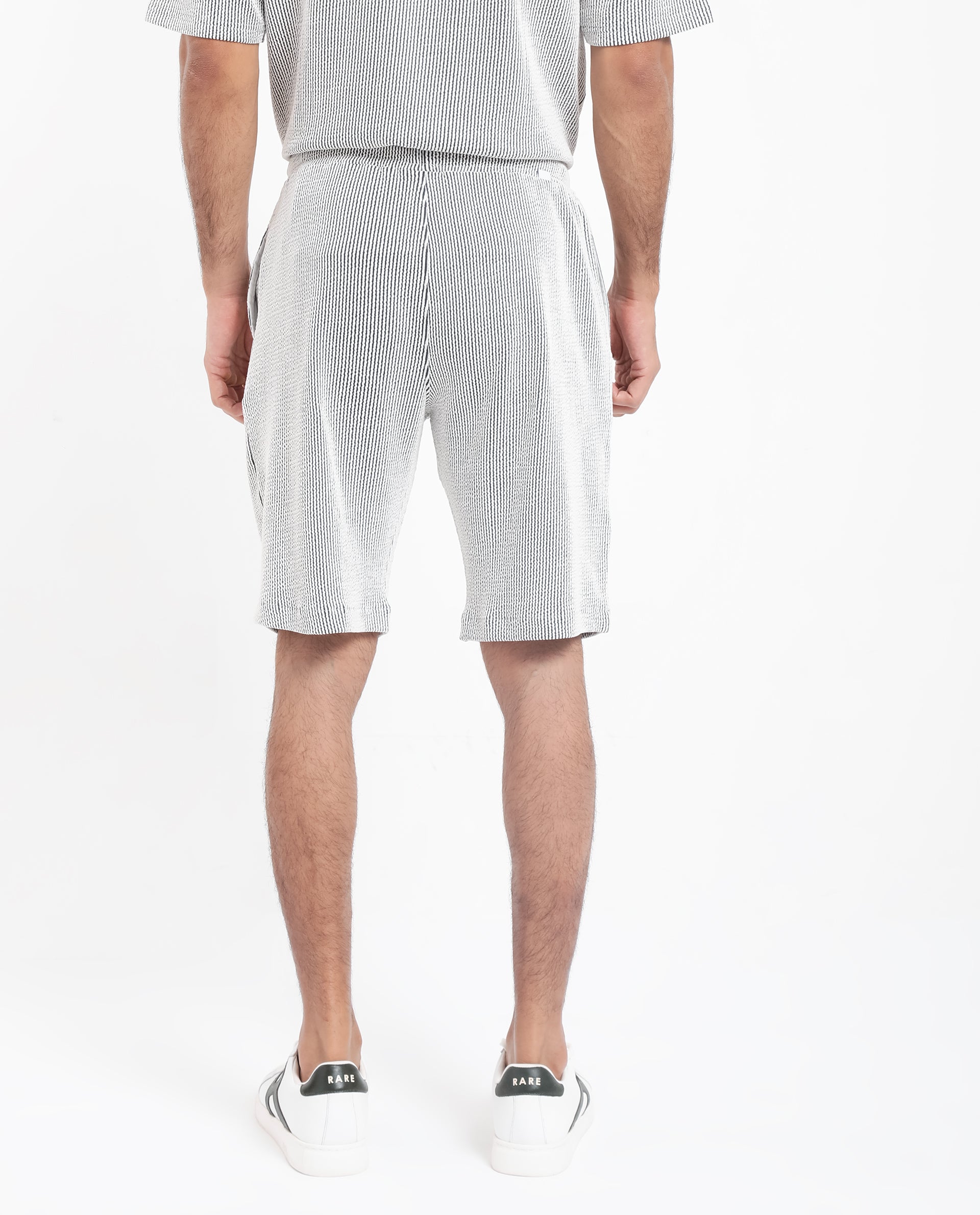 Rare Rabbit Men's Zavet-B Black Cotton Polyester Fabric Knee Length Regular Fit Self Stripe Textured Shorts