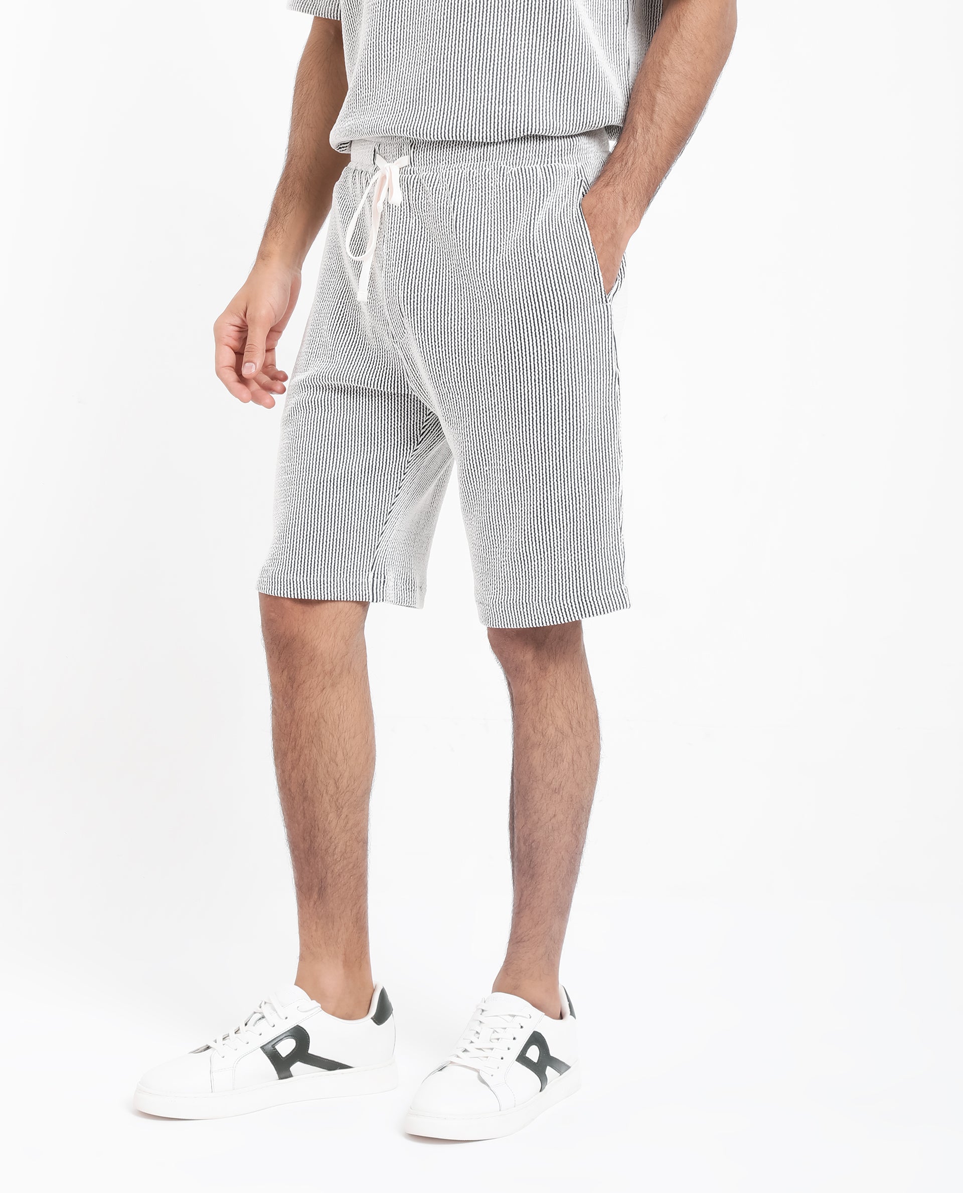 Rare Rabbit Men's Zavet-B Black Cotton Polyester Fabric Knee Length Regular Fit Self Stripe Textured Shorts