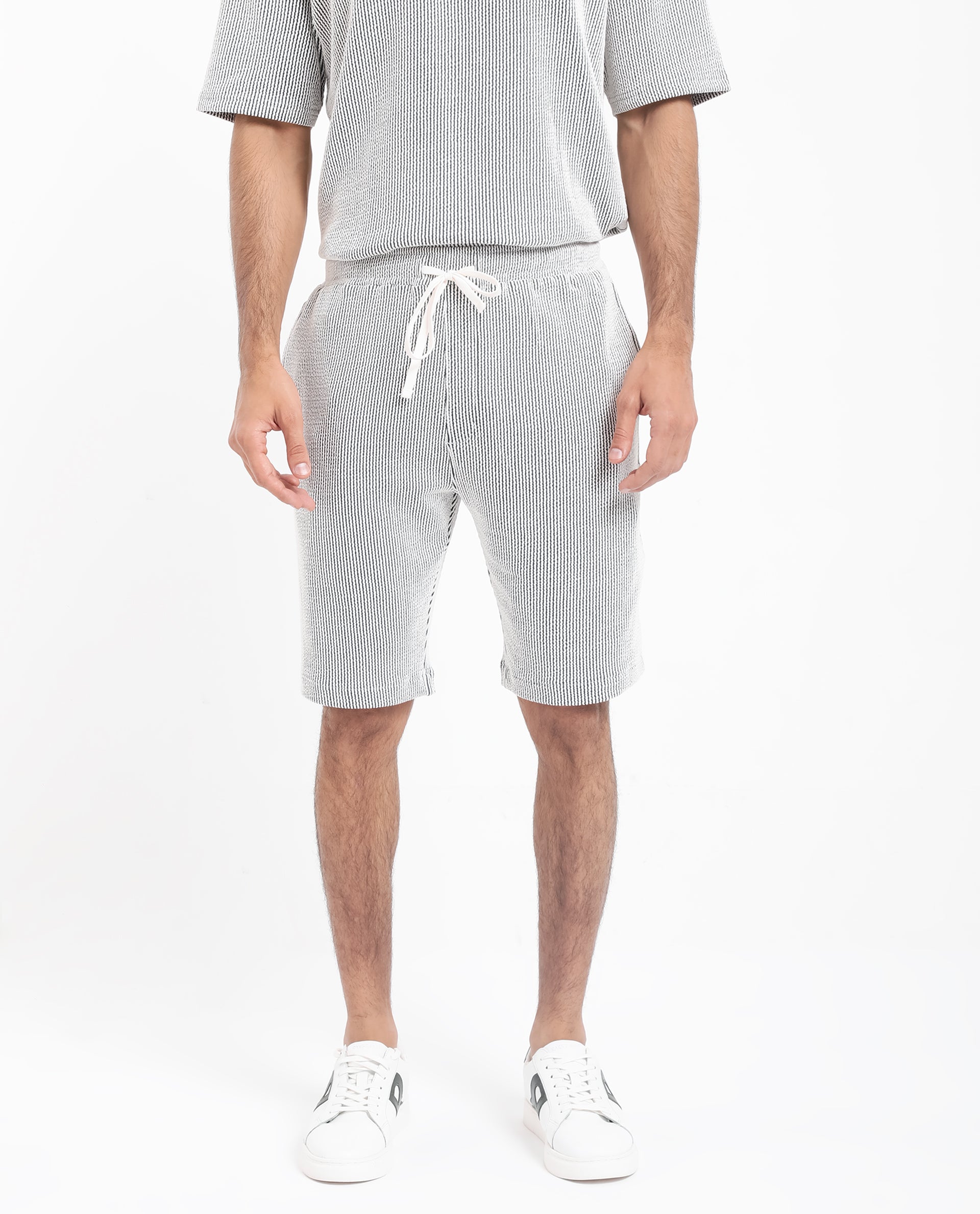 Rare Rabbit Men's Zavet-B Black Cotton Polyester Fabric Knee Length Regular Fit Self Stripe Textured Shorts