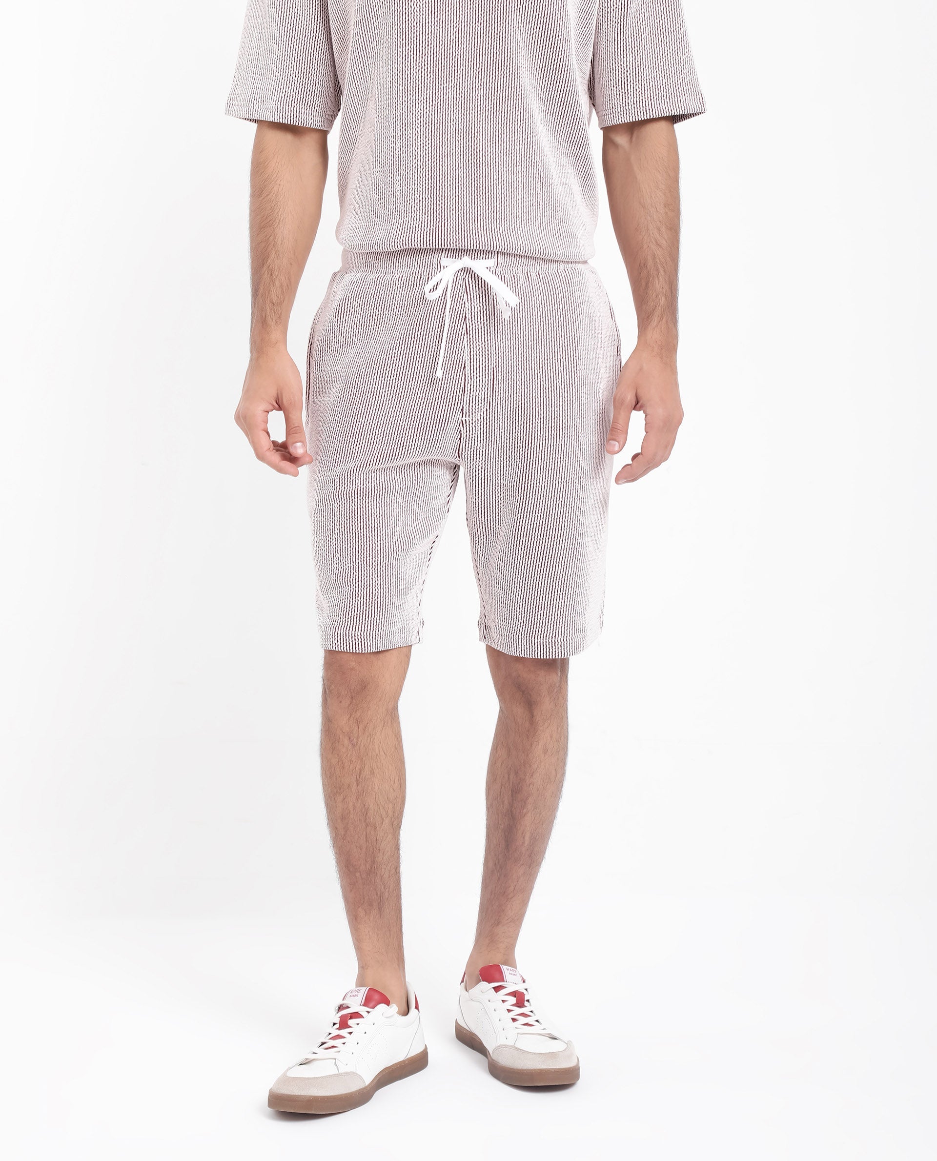 Rare Rabbit Men's Zavet-B Maroon Cotton Polyester Fabric Knee Length Regular Fit Self Stripe Textured Shorts