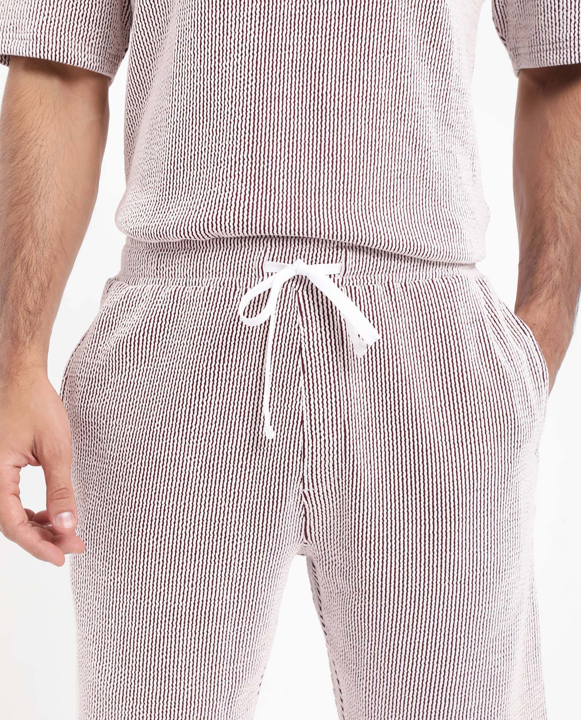 Rare Rabbit Men's Zavet-B Maroon Cotton Polyester Fabric Knee Length Regular Fit Self Stripe Textured Shorts