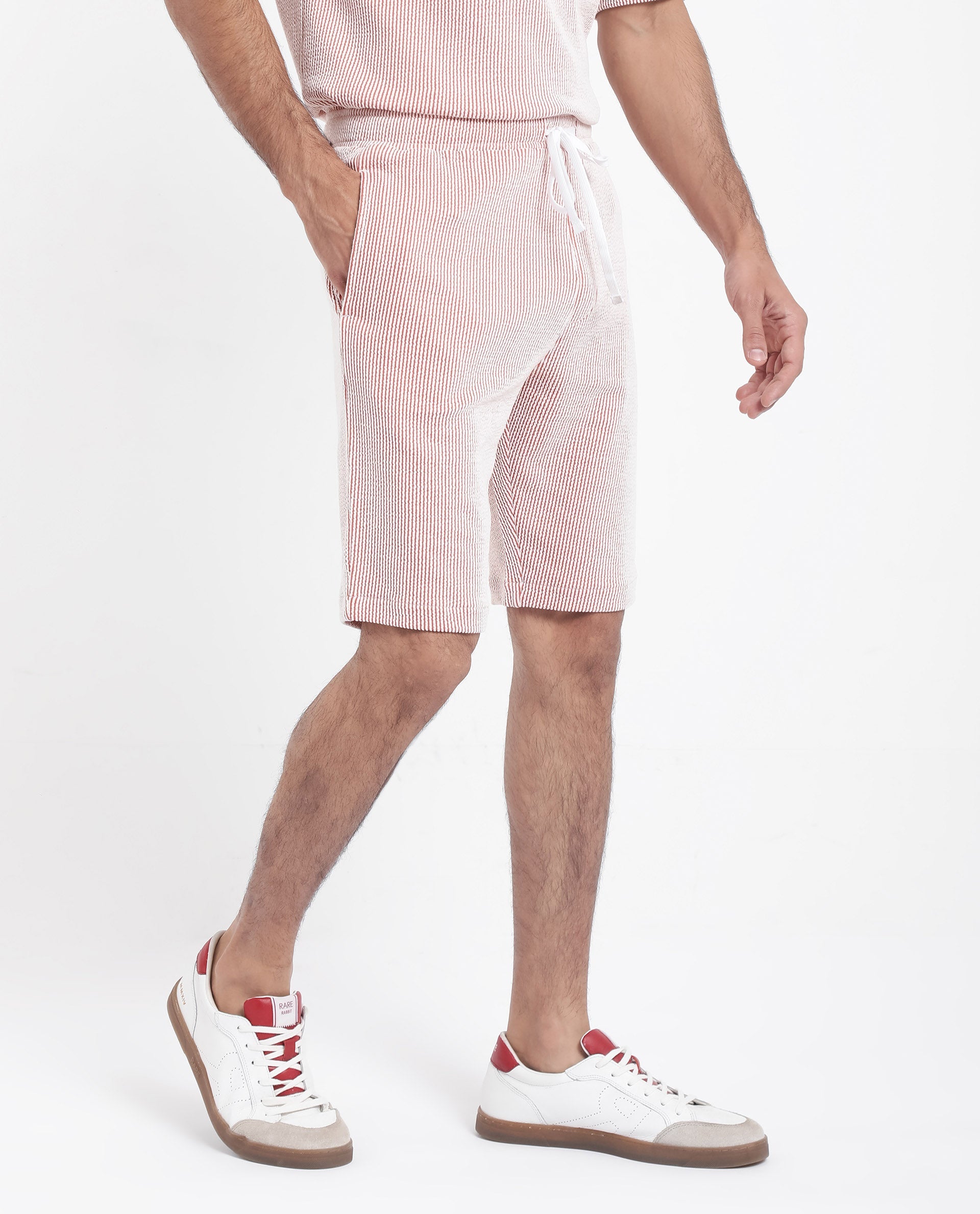 Rare Rabbit Men's Zavet-B Rust Cotton Polyester Fabric Knee Length Regular Fit Self Stripe Textured Shorts