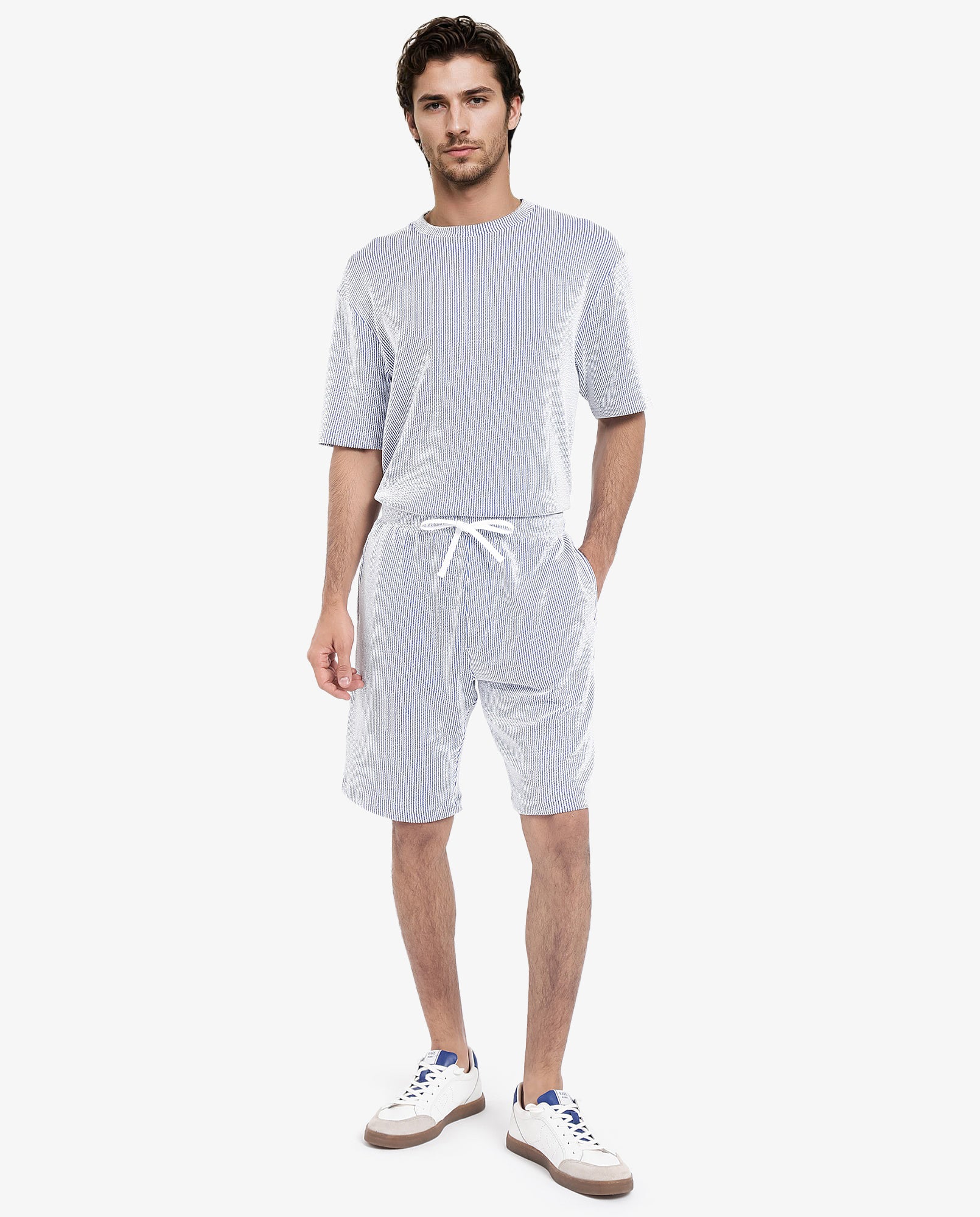 Rare Rabbit Men's Zavet-B Blue Cotton Polyester Fabric Knee Length Regular Fit Self Stripe Textured Shorts