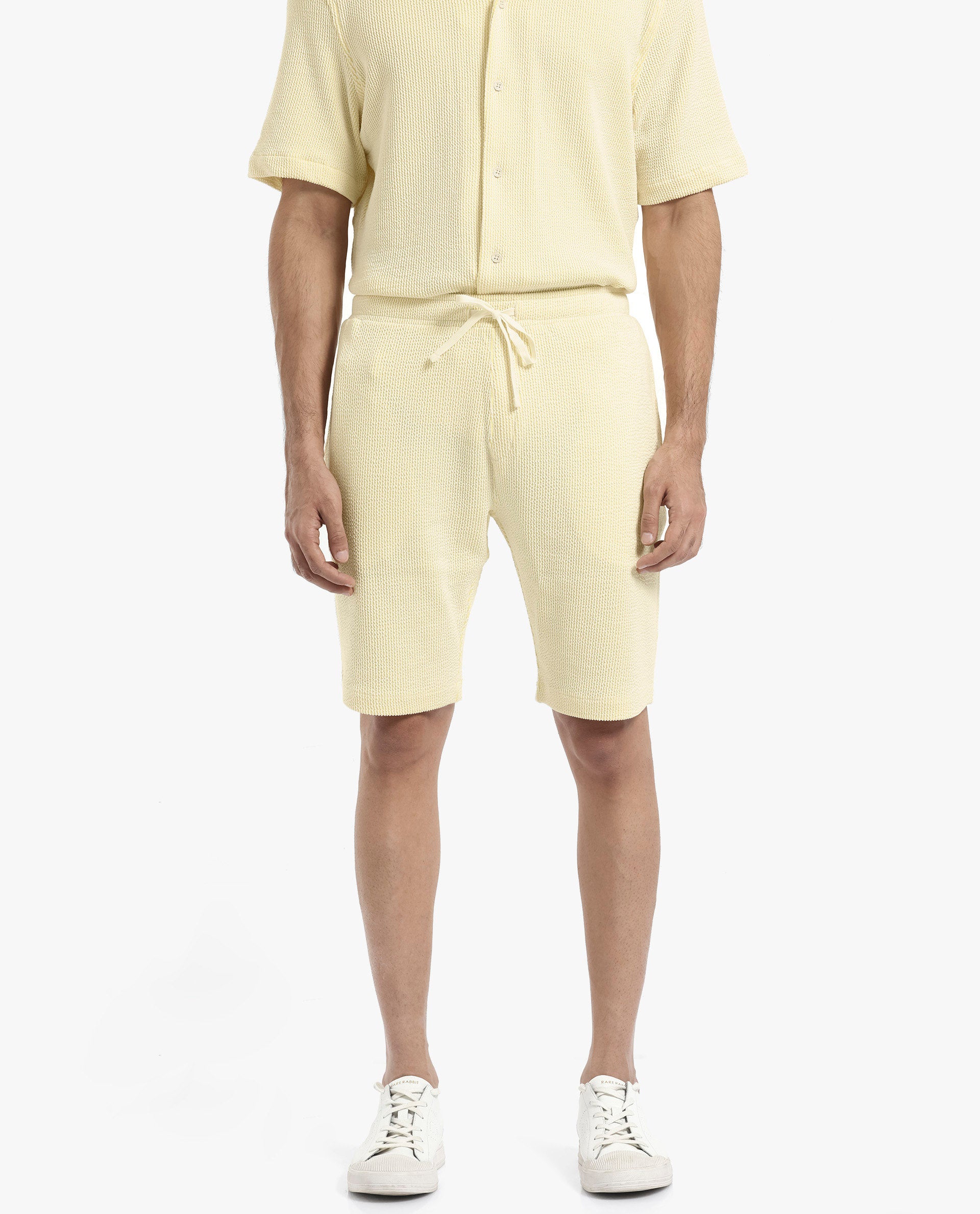 Rare Rabbit Men's Zavet-B Flouroscent Yellow Cotton Polyester Fabric Knee Length Regular Fit Self Stripe Textured Shorts