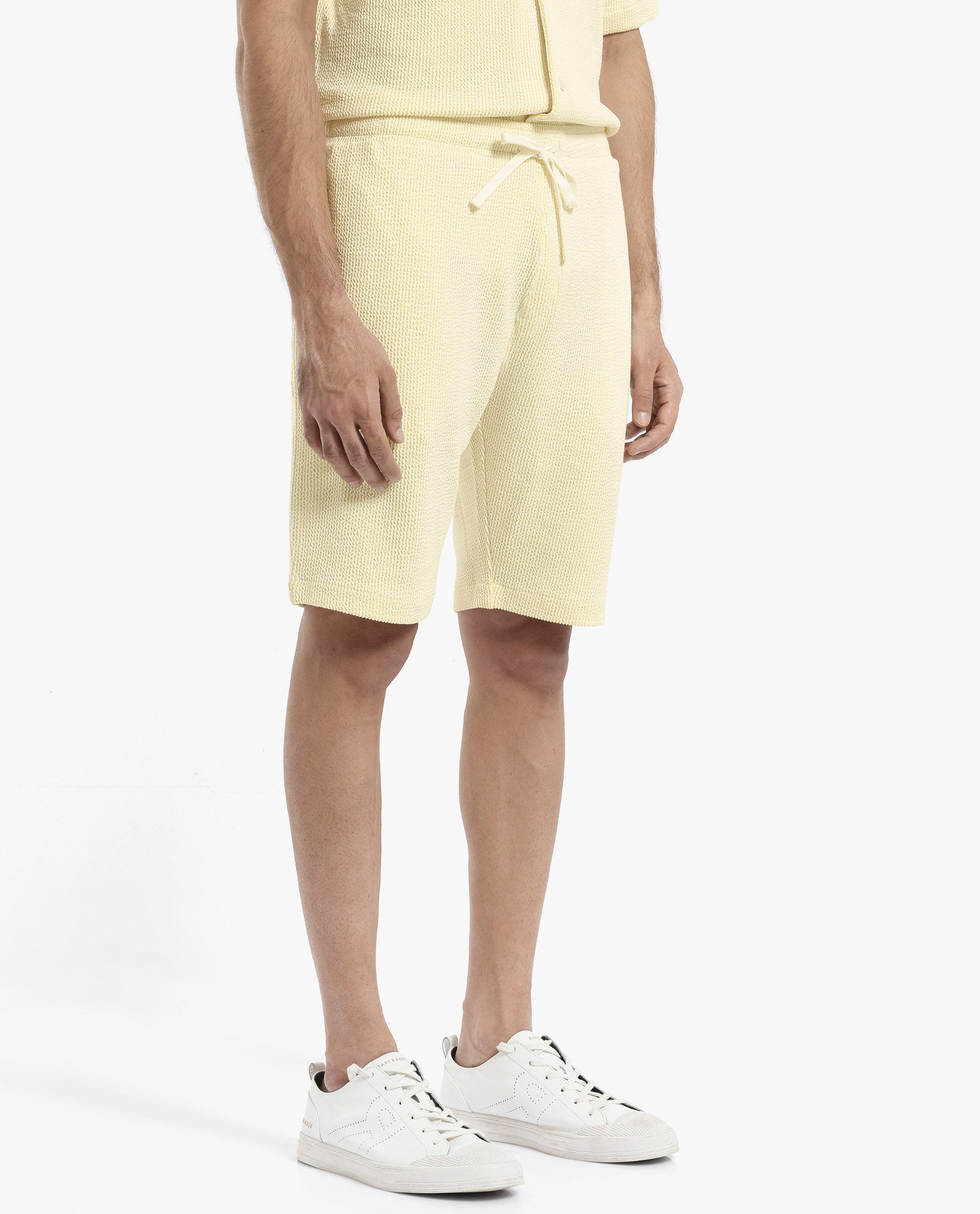 Rare Rabbit Men's Zavet-B Flouroscent Yellow Cotton Polyester Fabric Knee Length Regular Fit Self Stripe Textured Shorts
