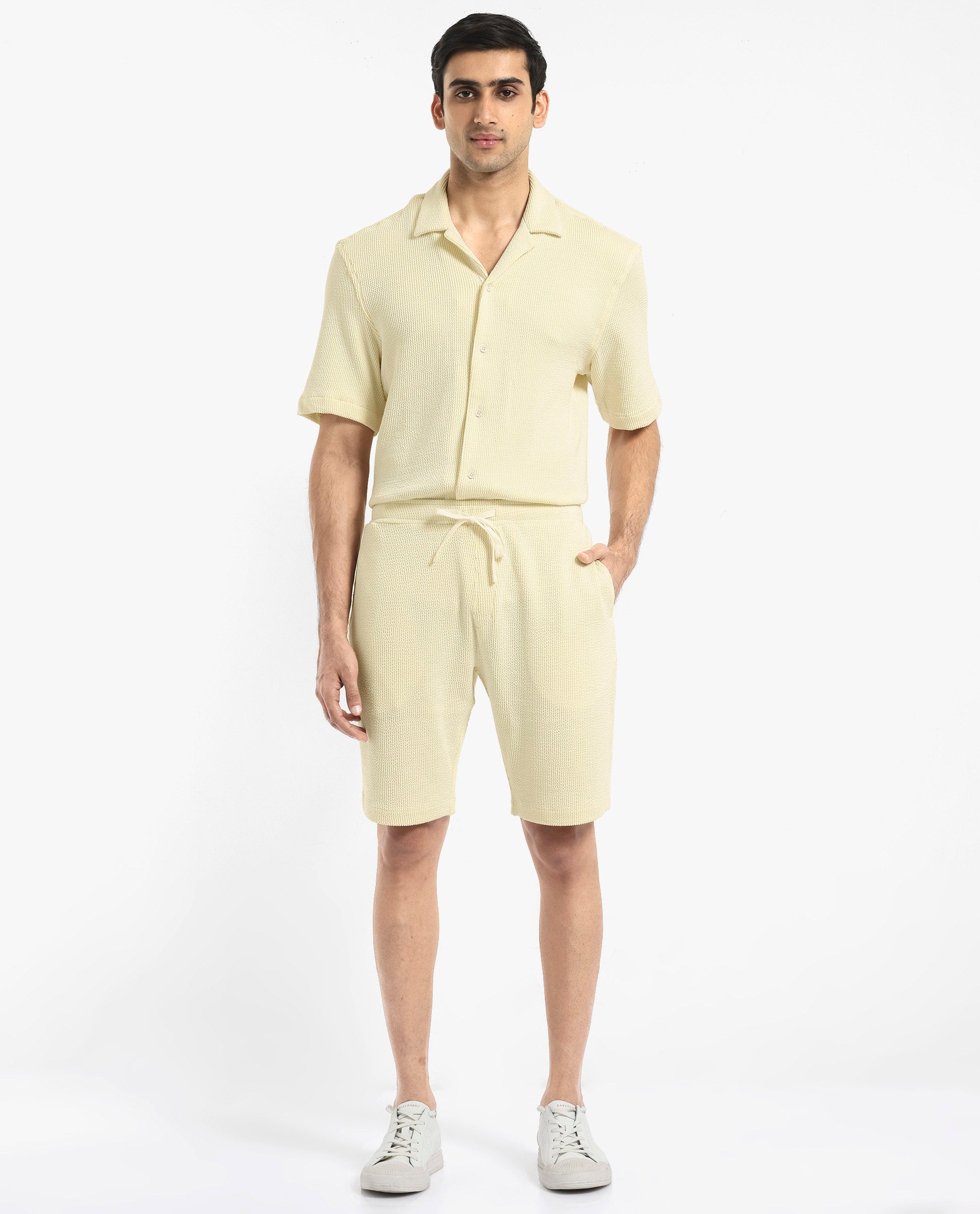 Rare Rabbit Men's Zavet-B Flouroscent Yellow Cotton Polyester Fabric Knee Length Regular Fit Self Stripe Textured Shorts