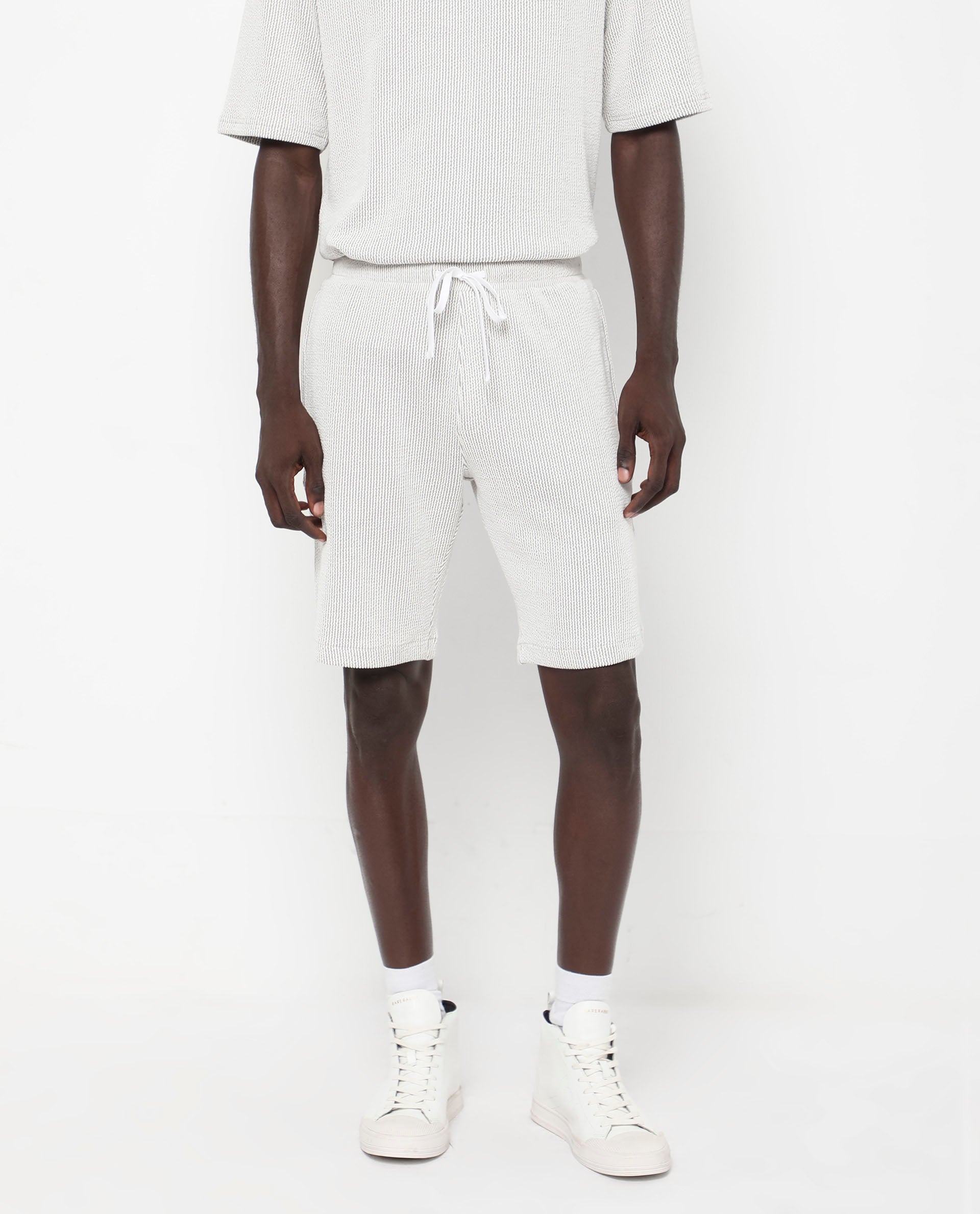 Rare Rabbit Men's Zavet-B Grey Cotton Polyester Fabric Knee Length Regular Fit Self Stripe Textured Shorts