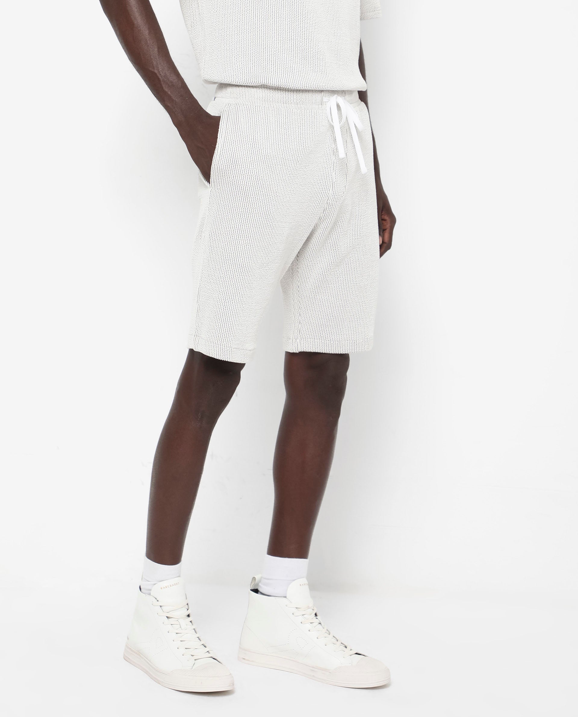 Rare Rabbit Men's Zavet-B Grey Cotton Polyester Fabric Knee Length Regular Fit Self Stripe Textured Shorts