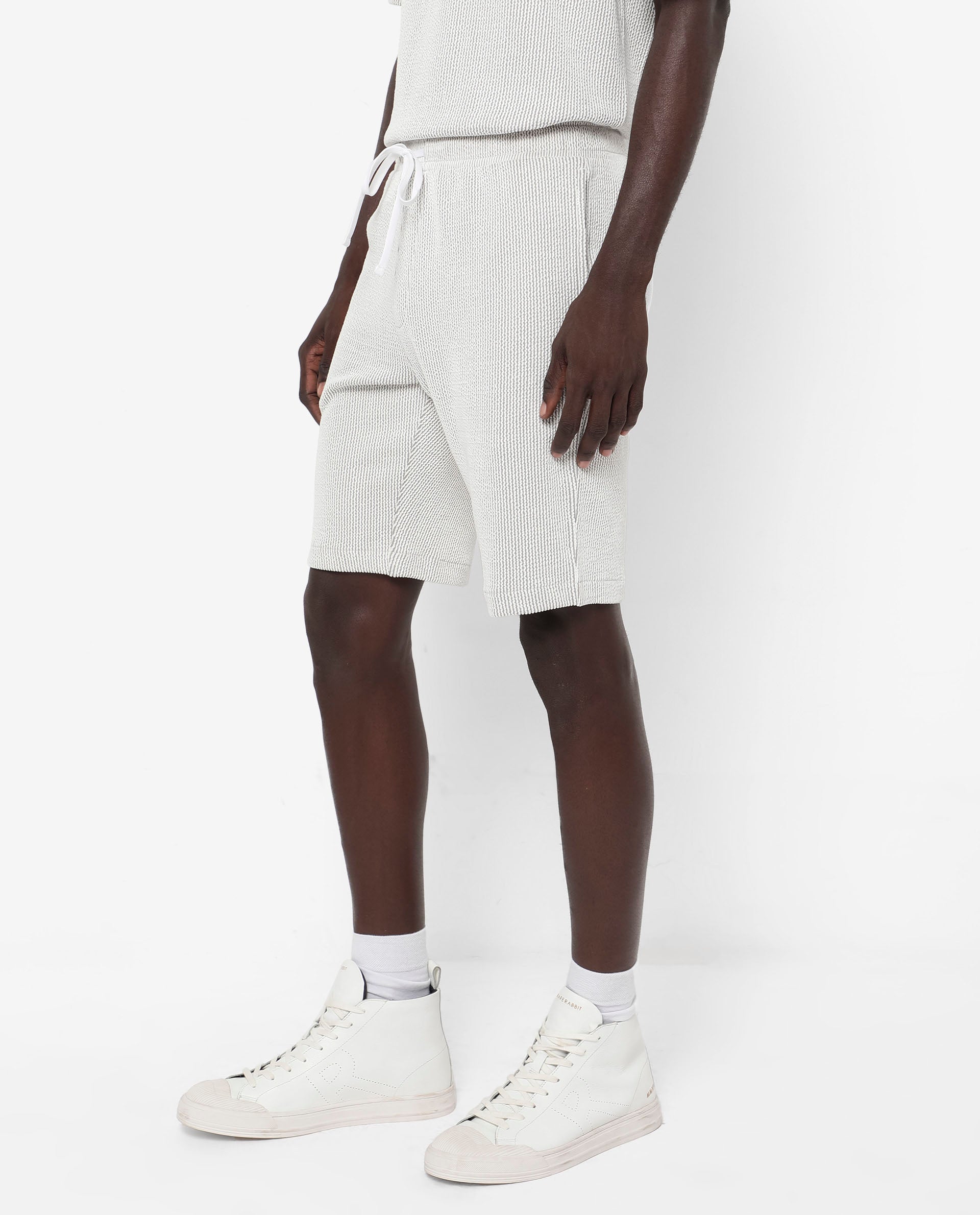 Rare Rabbit Men's Zavet-B Grey Cotton Polyester Fabric Knee Length Regular Fit Self Stripe Textured Shorts