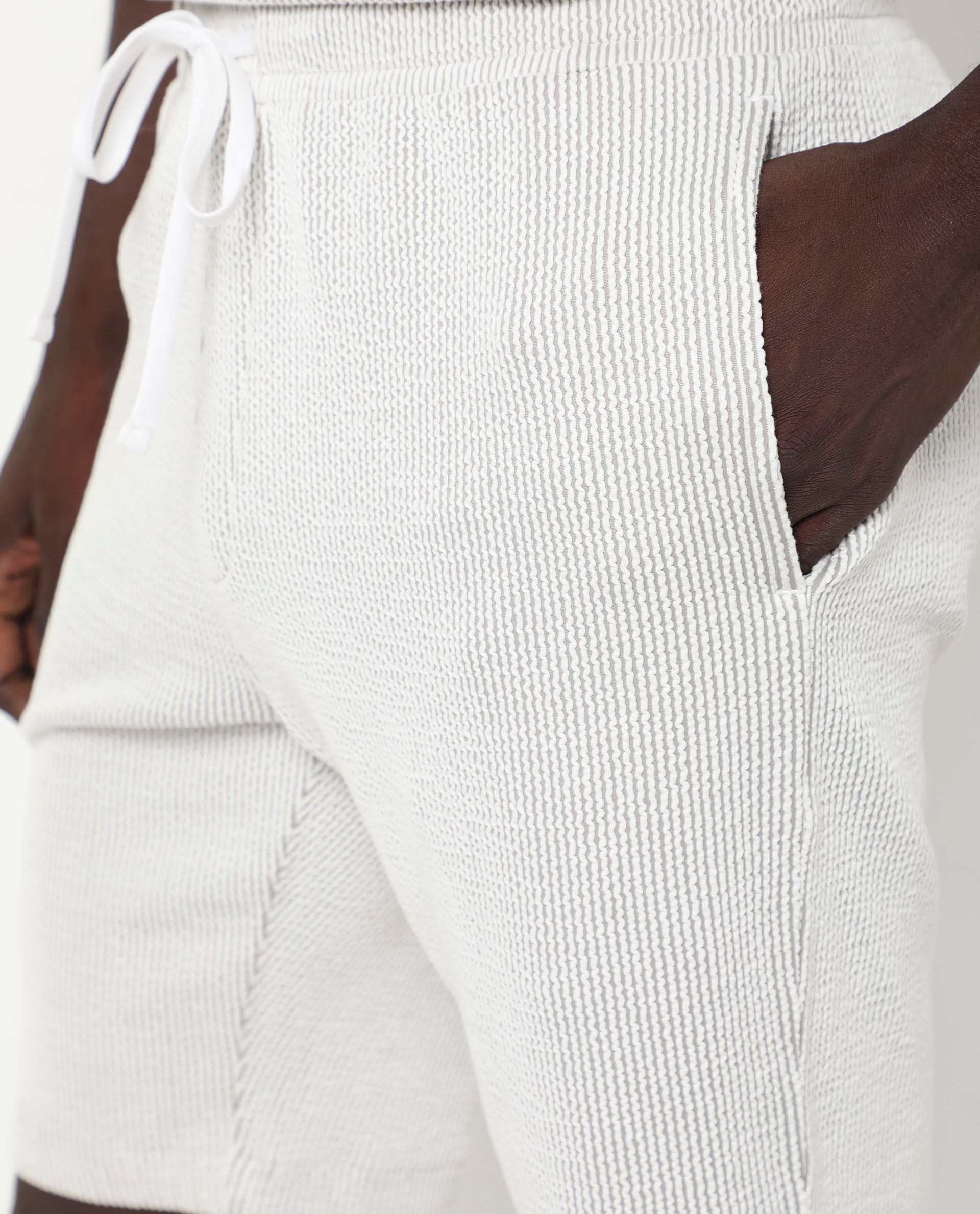 Rare Rabbit Men's Zavet-B Grey Cotton Polyester Fabric Knee Length Regular Fit Self Stripe Textured Shorts